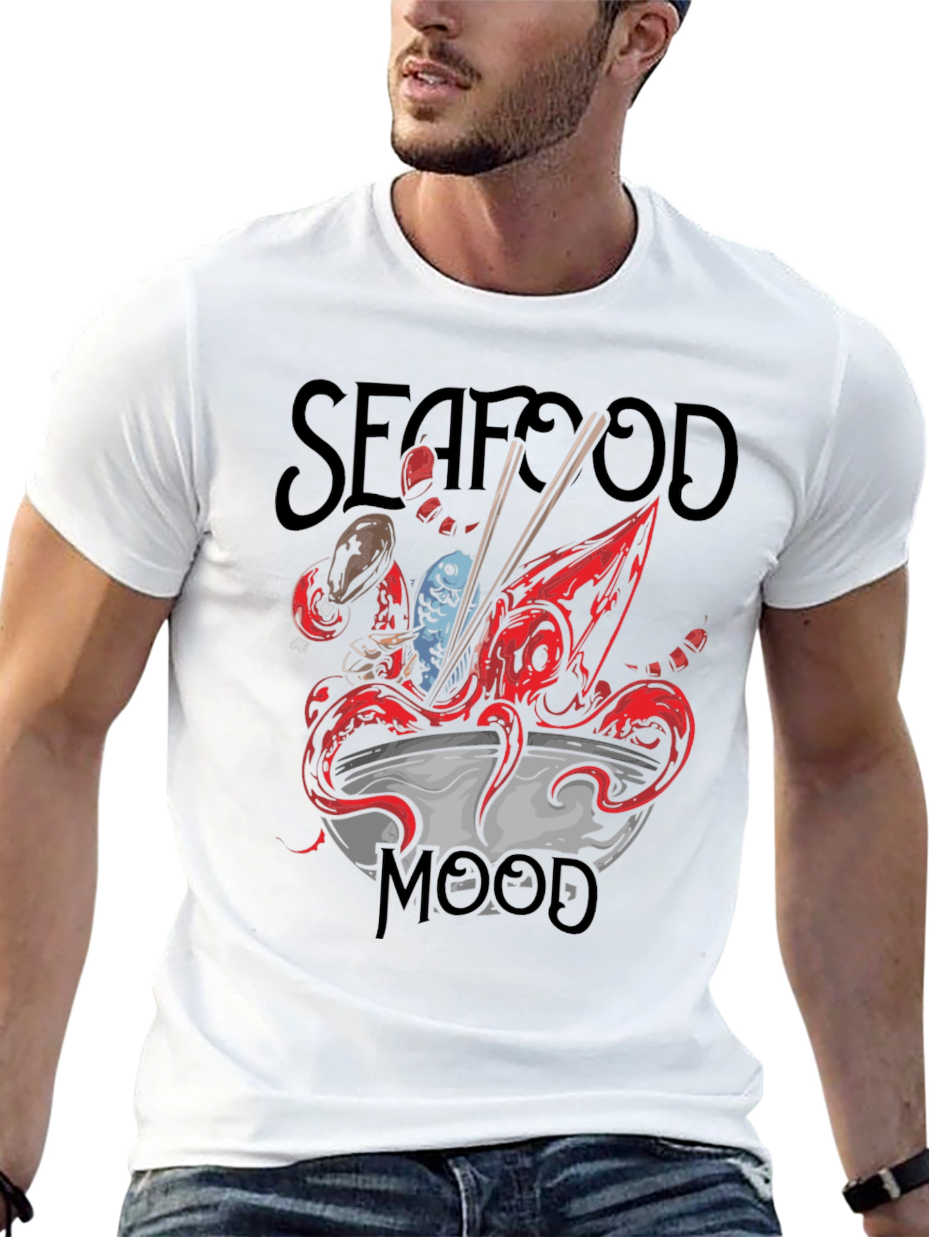 Black Seafood Mood Graphic Tee - Unique Octopus Ramen Design view 13