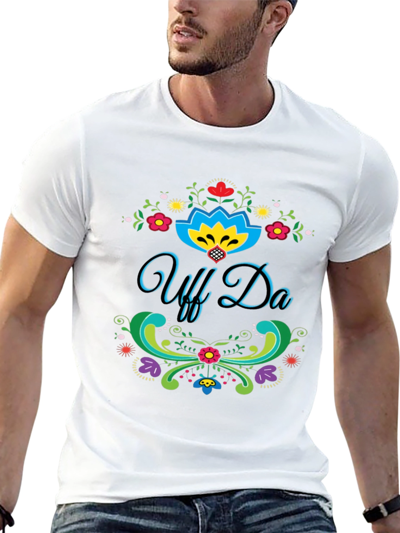 Black Uff Da! Graphic T-Shirt - Colorful Floral Design view 13
