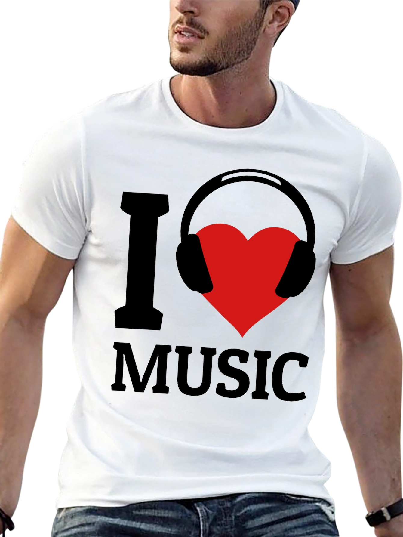 Black I Love Music T-Shirt - Heart Headphones Graphic Tee view 13