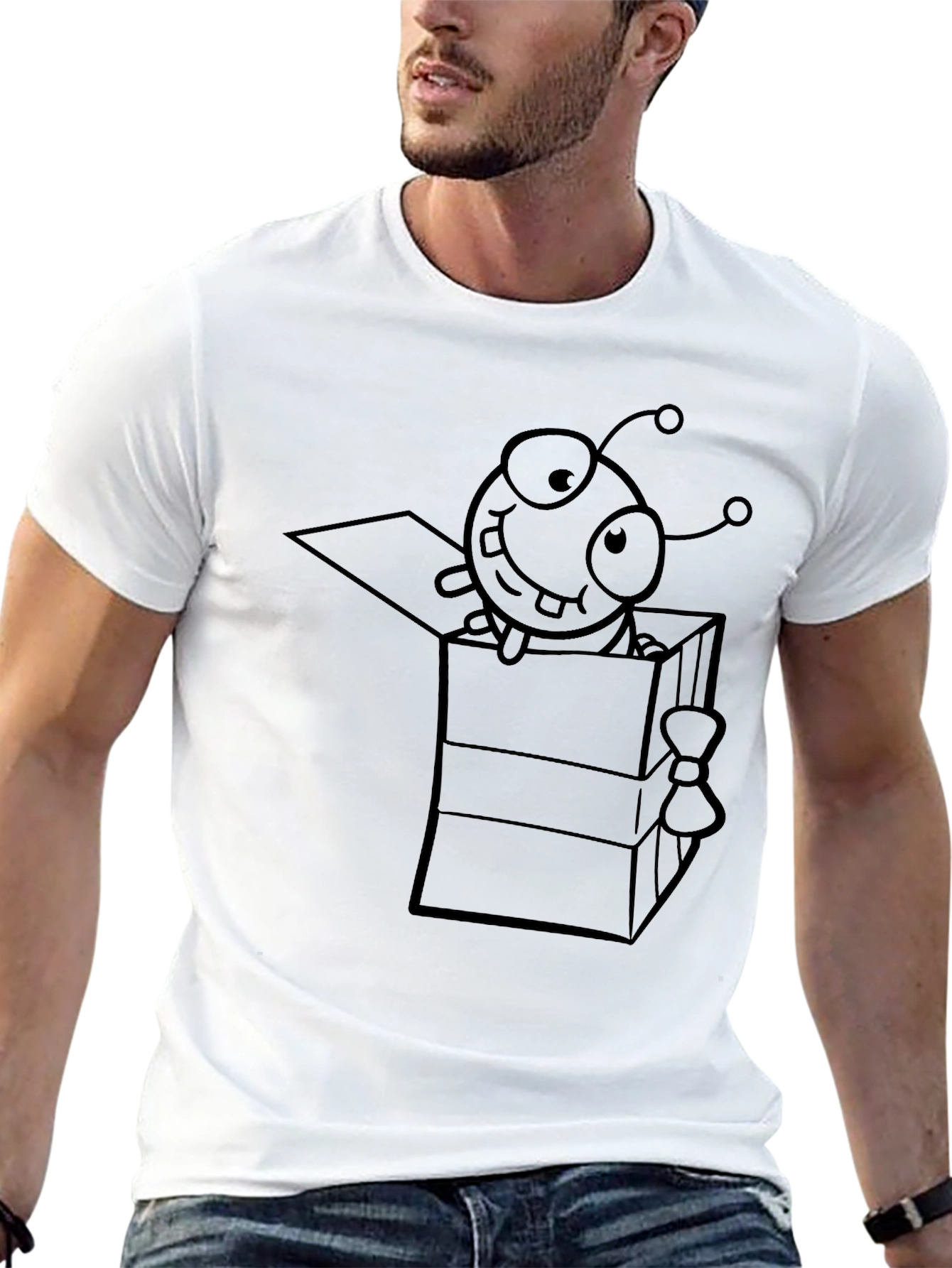 Black Cartoon Alien in a Box Graphic Tee - Black Cotton Casual T-Shirt view 13