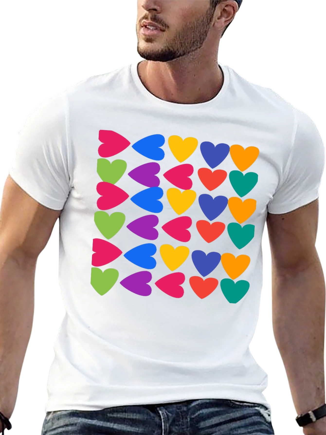 Black Colorful Hearts Pattern Black T-Shirt view 13