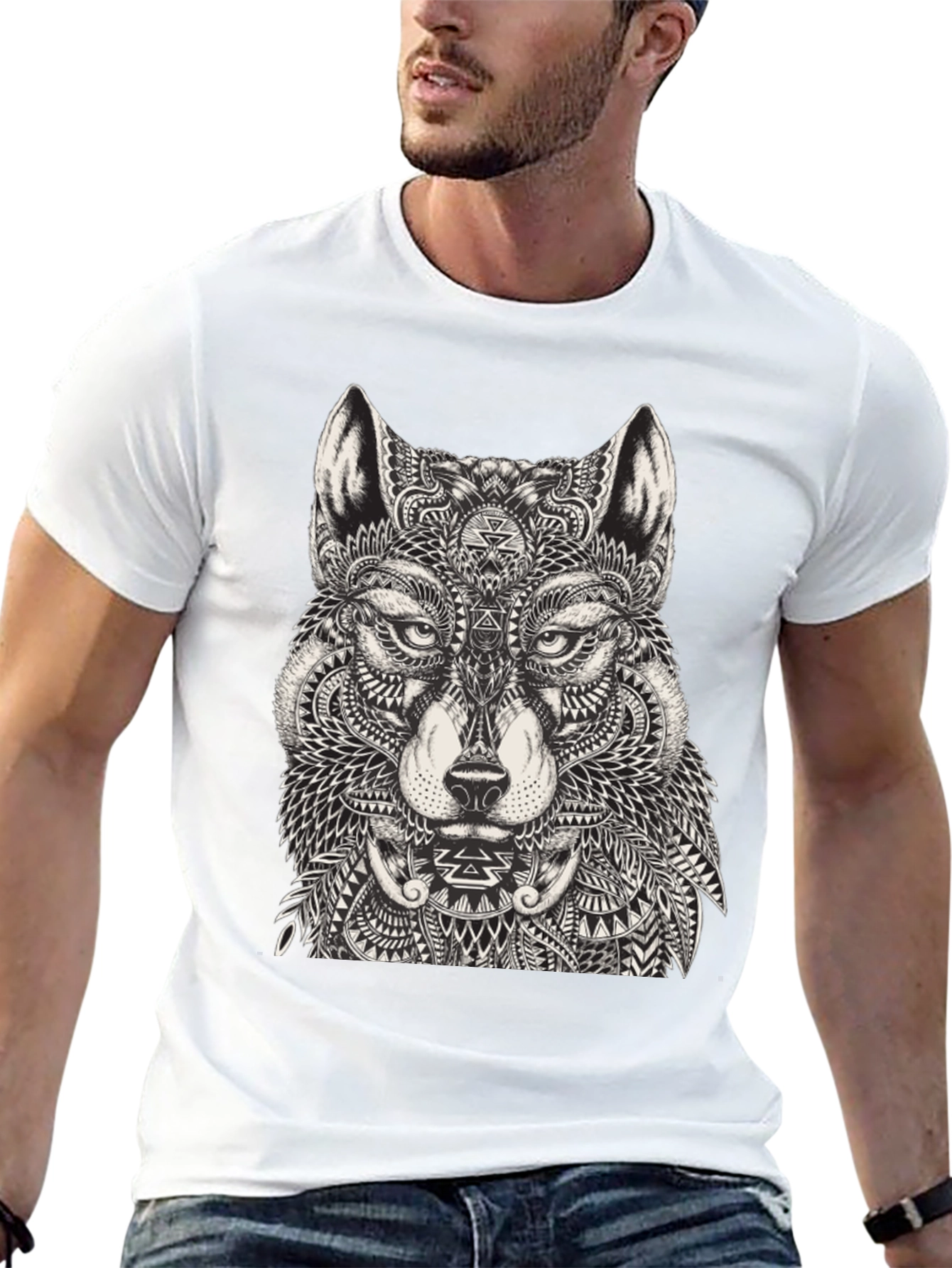Black Wolf Graphic Print Black T-Shirt for Men view 13