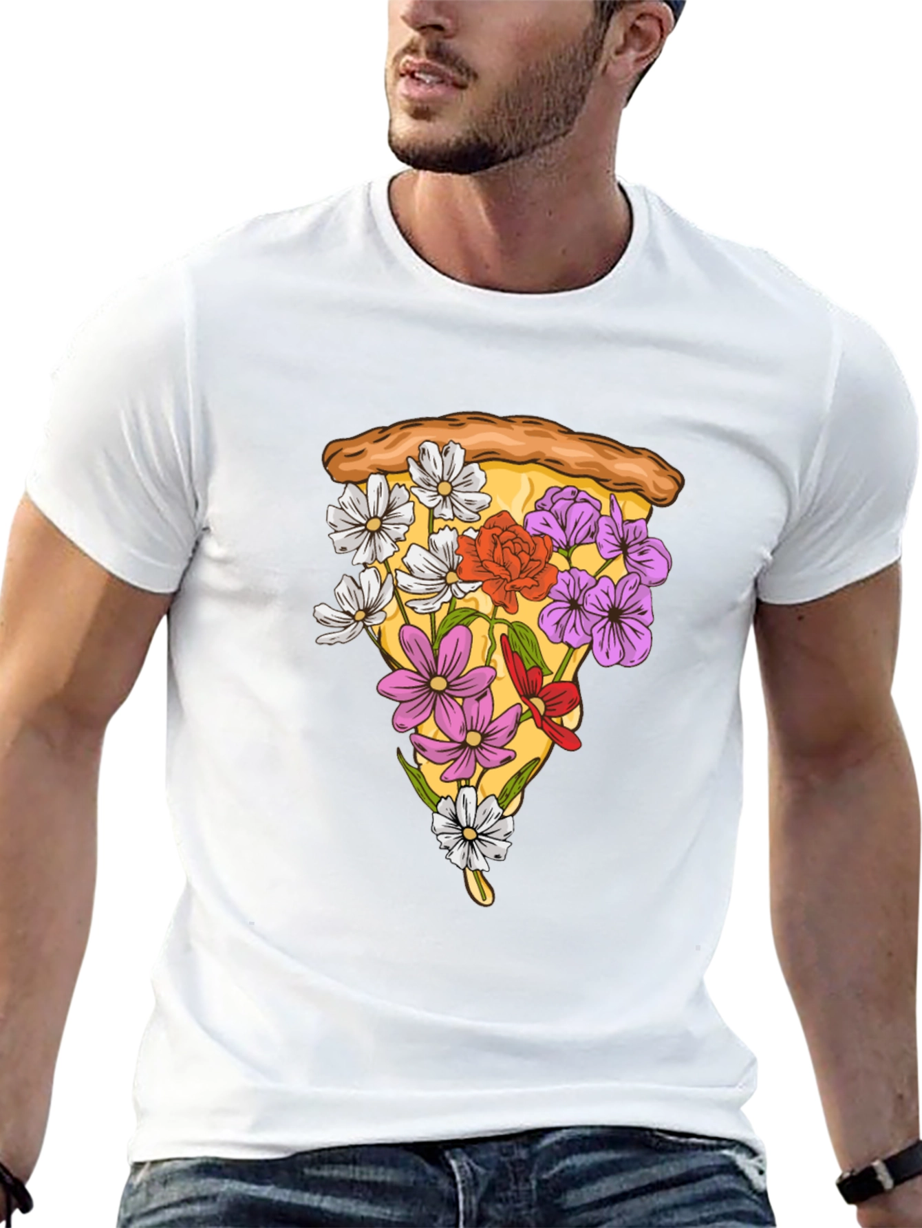 Black Floral Pizza Slice Graphic Tee - Unique Style view 13