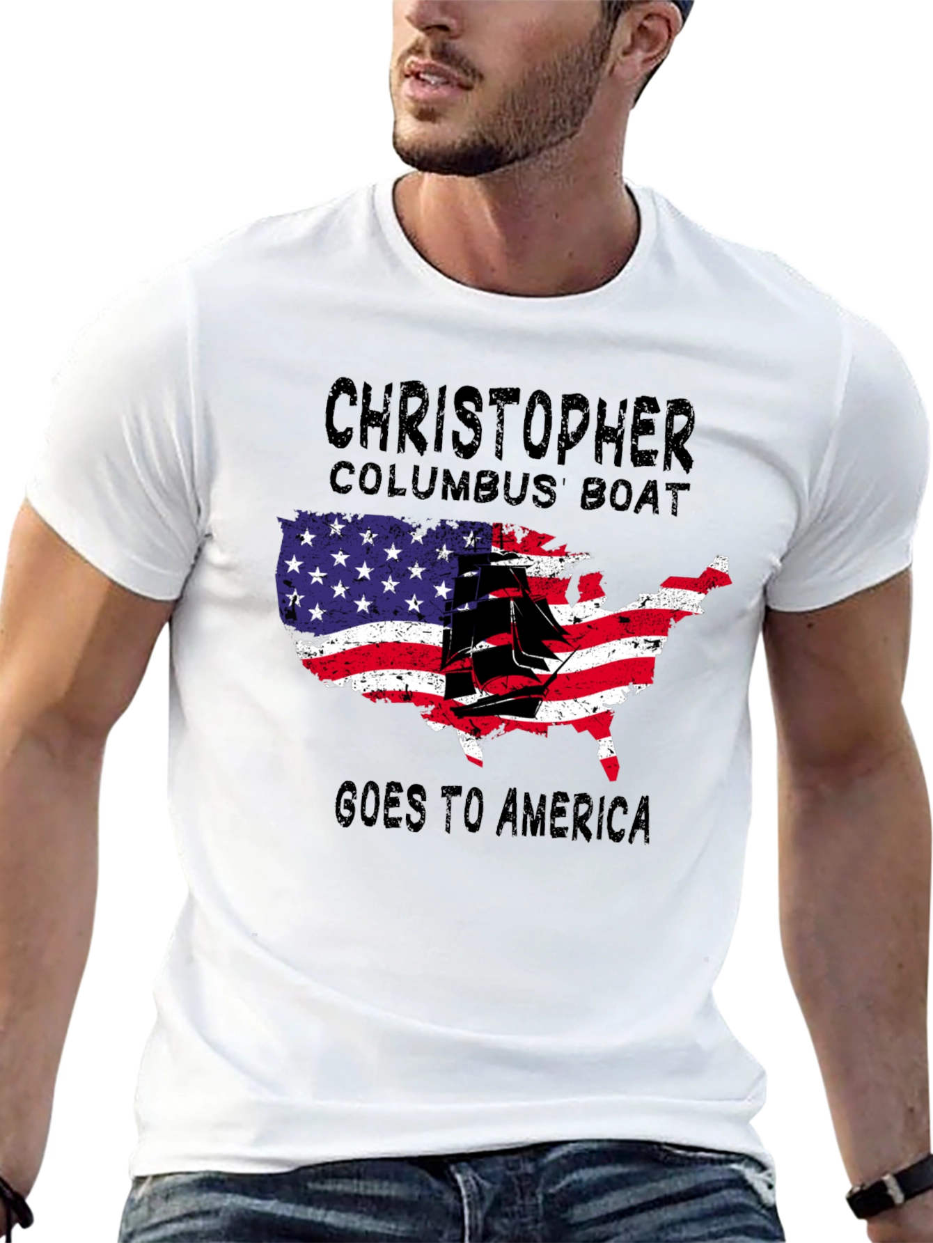 Black Christopher Columbus Boat USA Map T-Shirt view 13