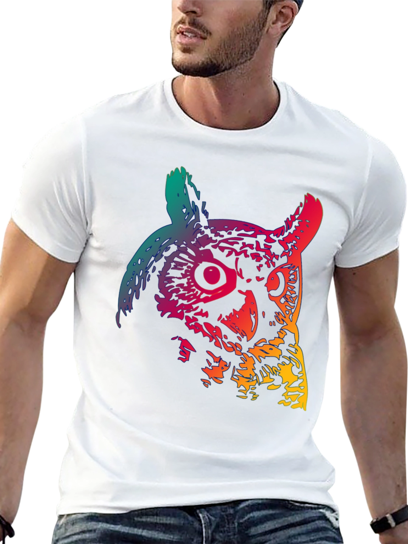 Black Rainbow Owl Graphic Print Men's Black T-Shirt view 13