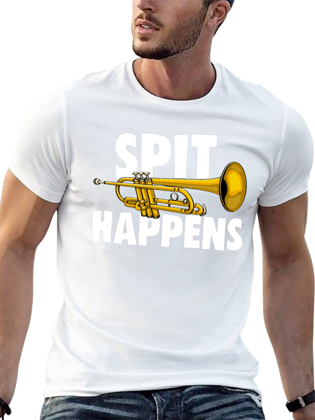 Black Spit Happens Trumpet T-Shirt - Musician Humor view 13