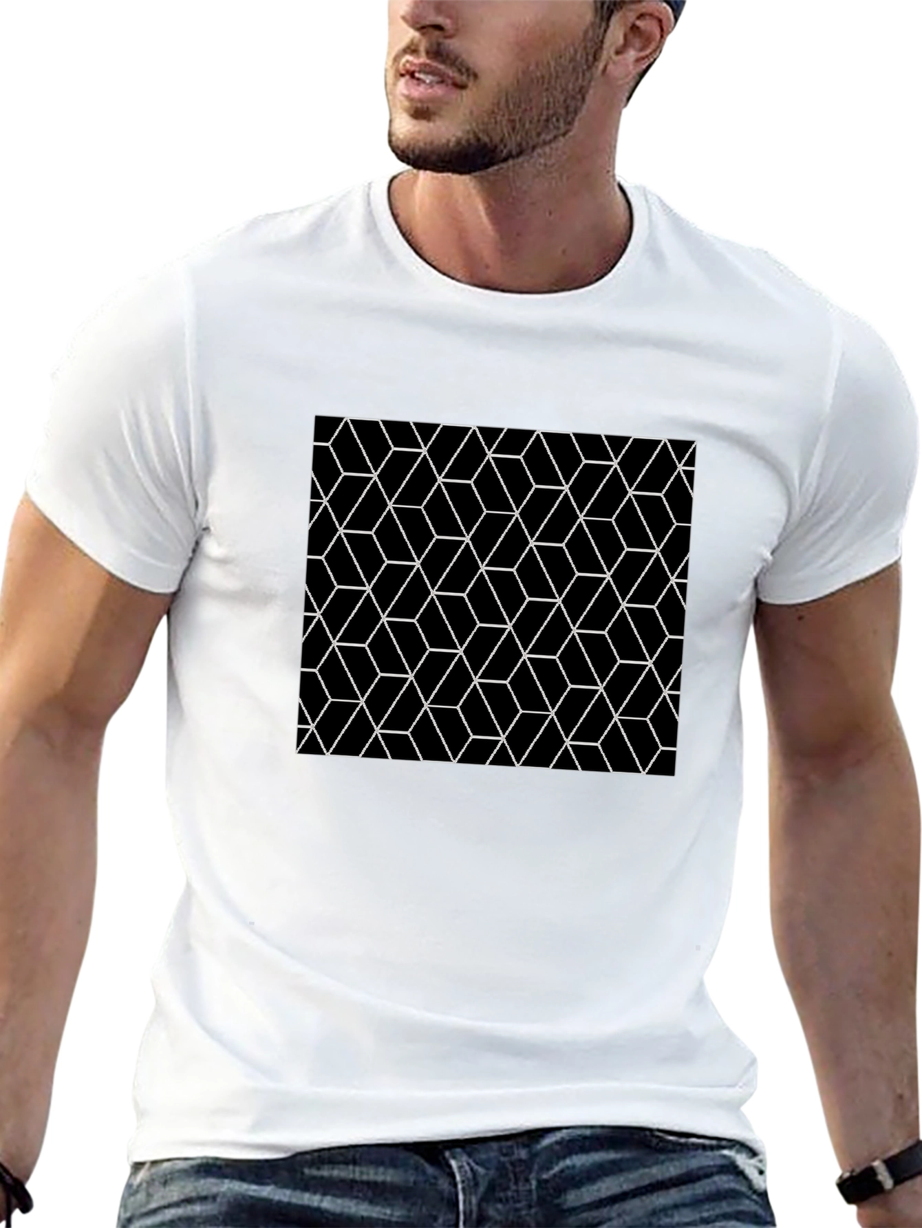 Black Geometric Cube Pattern Black T-Shirt view 13