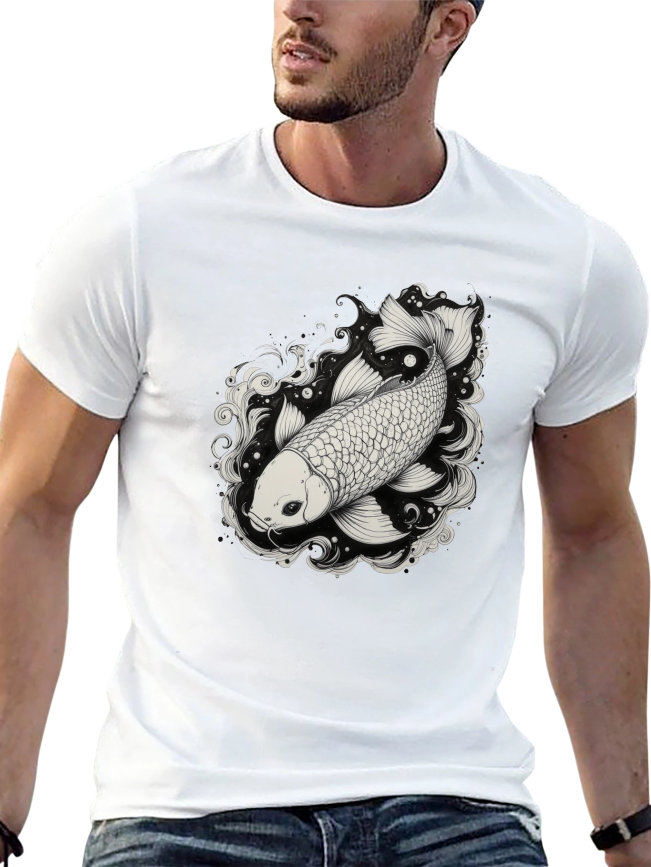 Black Koi Fish Graphic Tee - Black Cotton Blend Shirt view 13