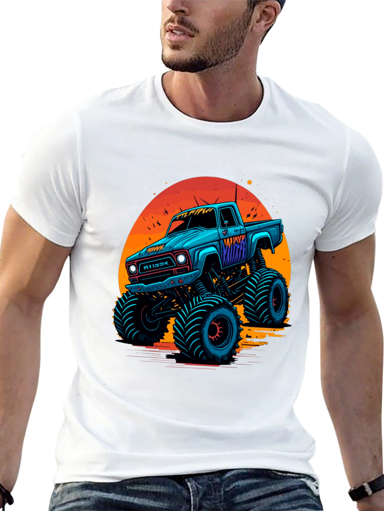 Black Monster Truck Graphic Tee - Retro Sunset Design view 13
