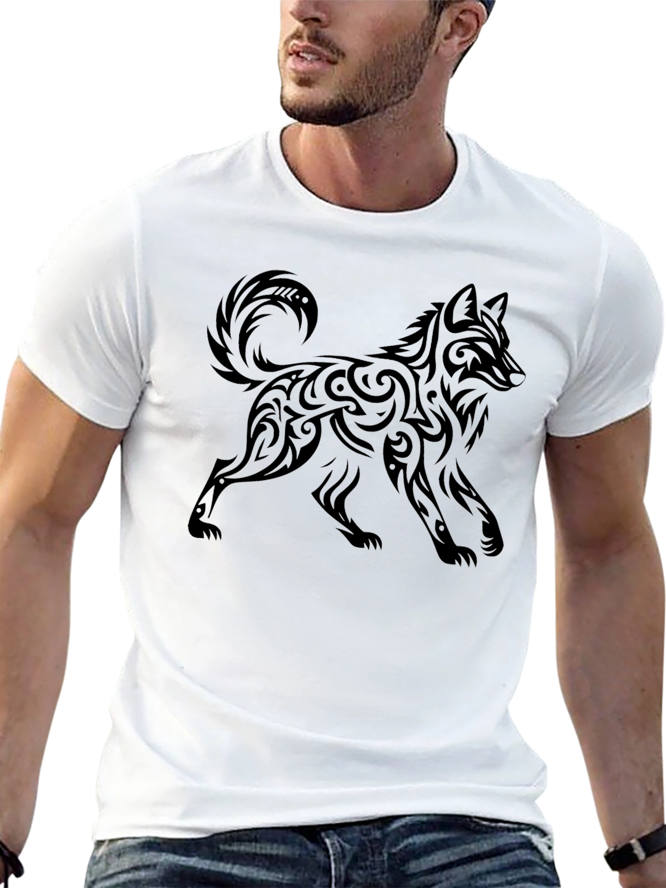 Black Tribal Wolf Graphic Black T-Shirt for Men view 13