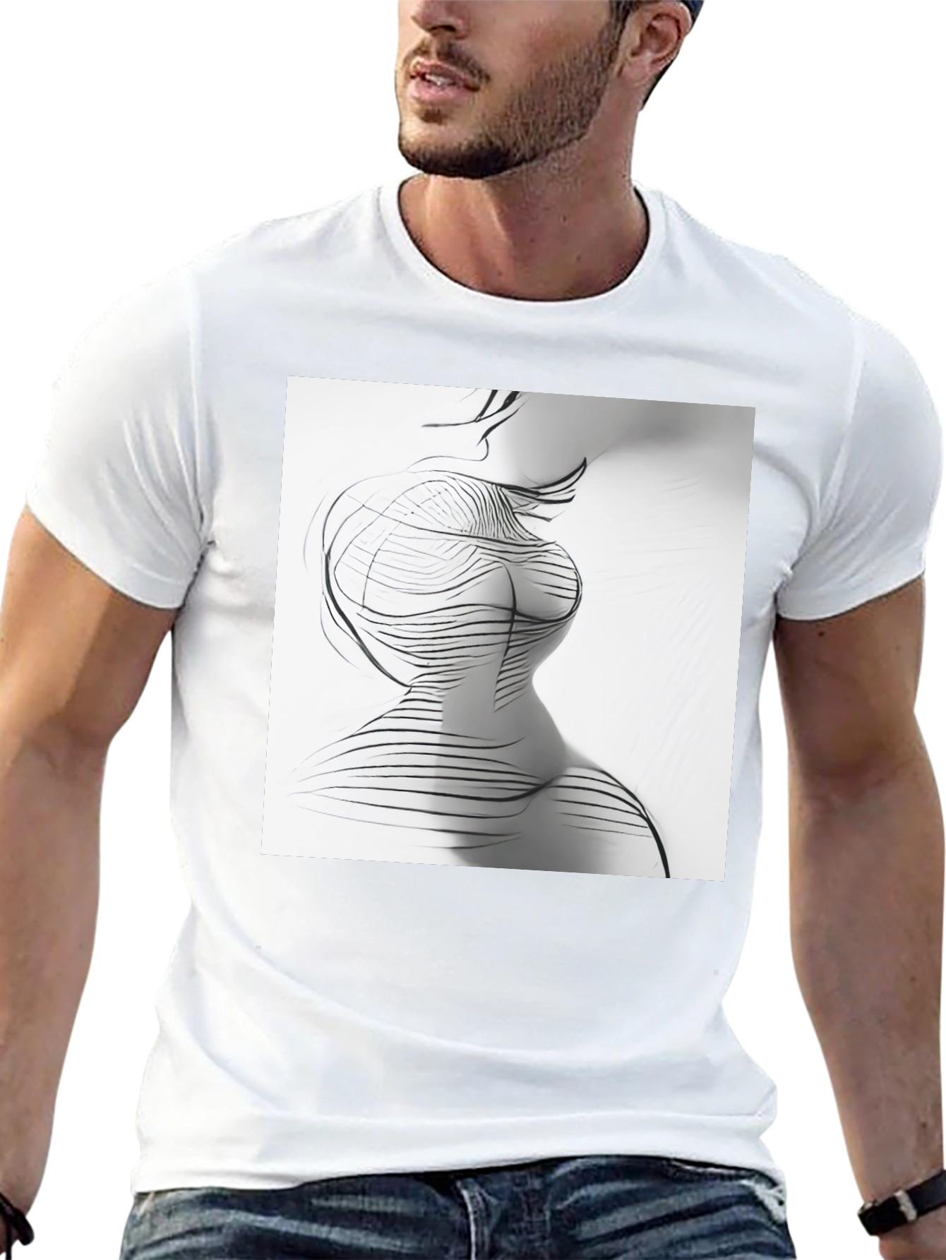 Black Abstract Line Art Print Black Crew Neck T-Shirt view 13