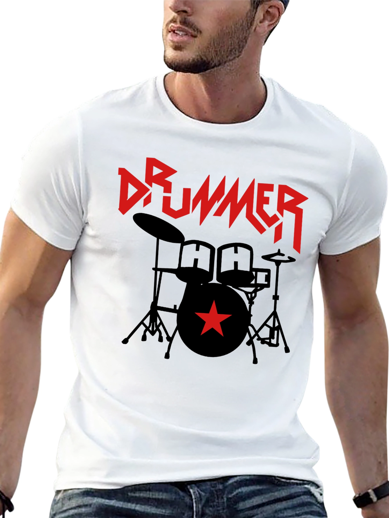Black Drummer T-Shirt - Black Graphic Tee with Red Star & Drum Set view 13