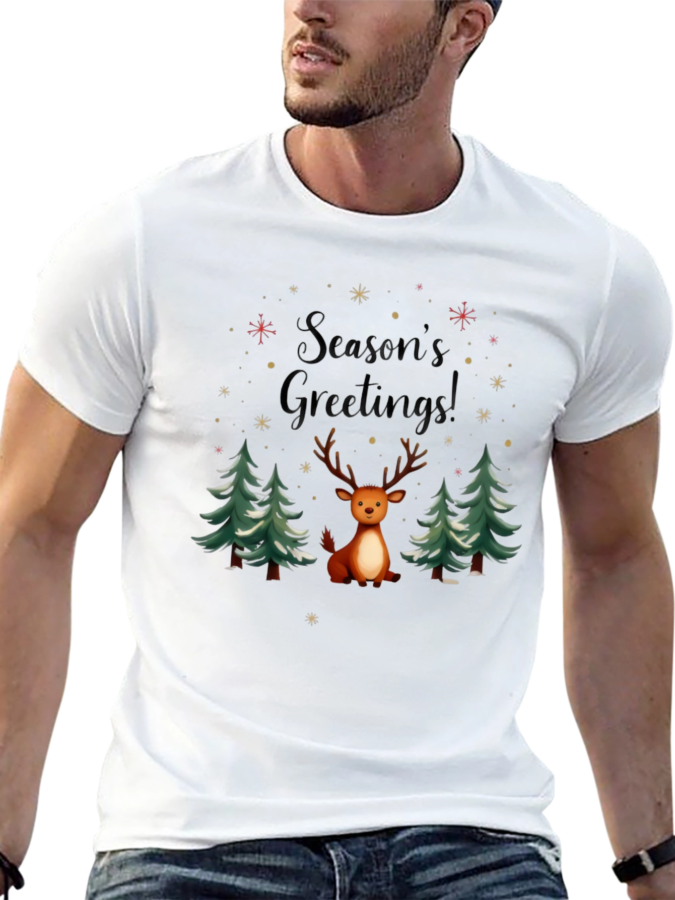 Black Season's Greetings Reindeer Holiday T-Shirt view 13