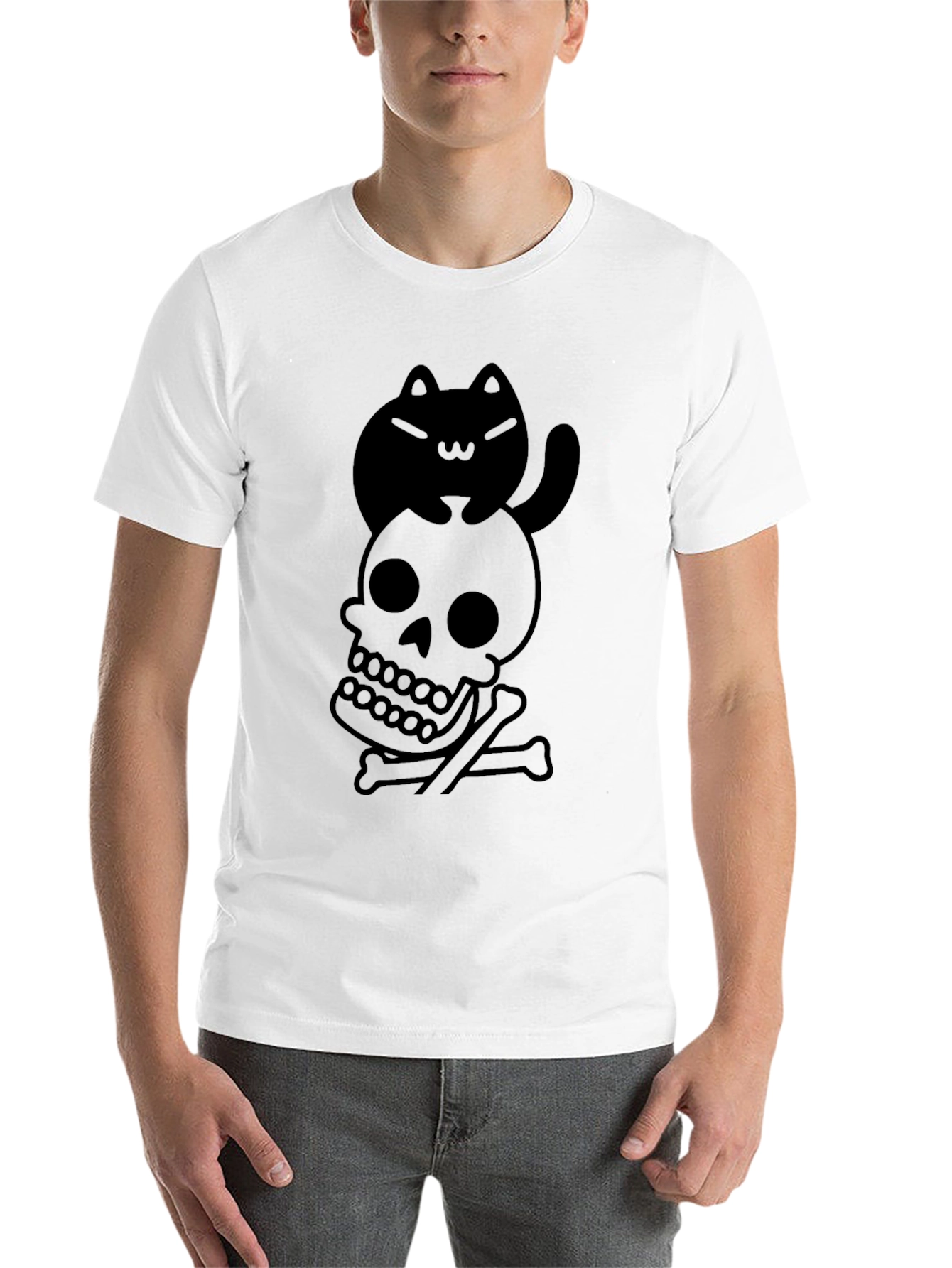 Black Skull and Cat Graphic Tee - Unisex Black T-Shirt view 14