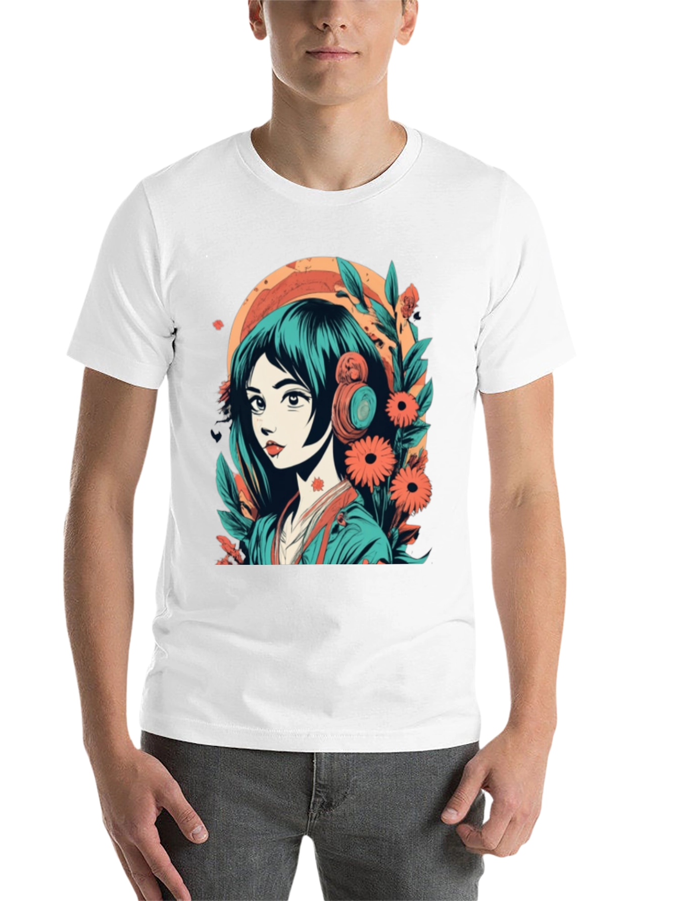 Black Anime Girl Graphic Tee - Floral & Headphones Design view 14