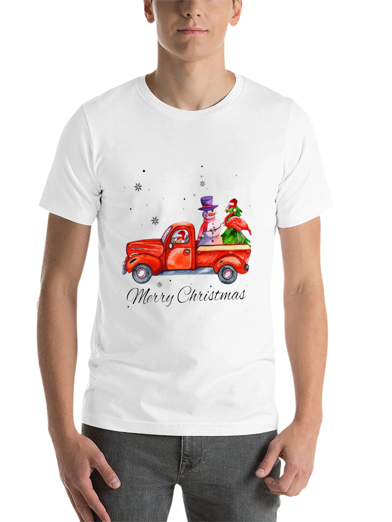 Black Christmas Truck T-Shirt with Snowman & Flamingo view 14