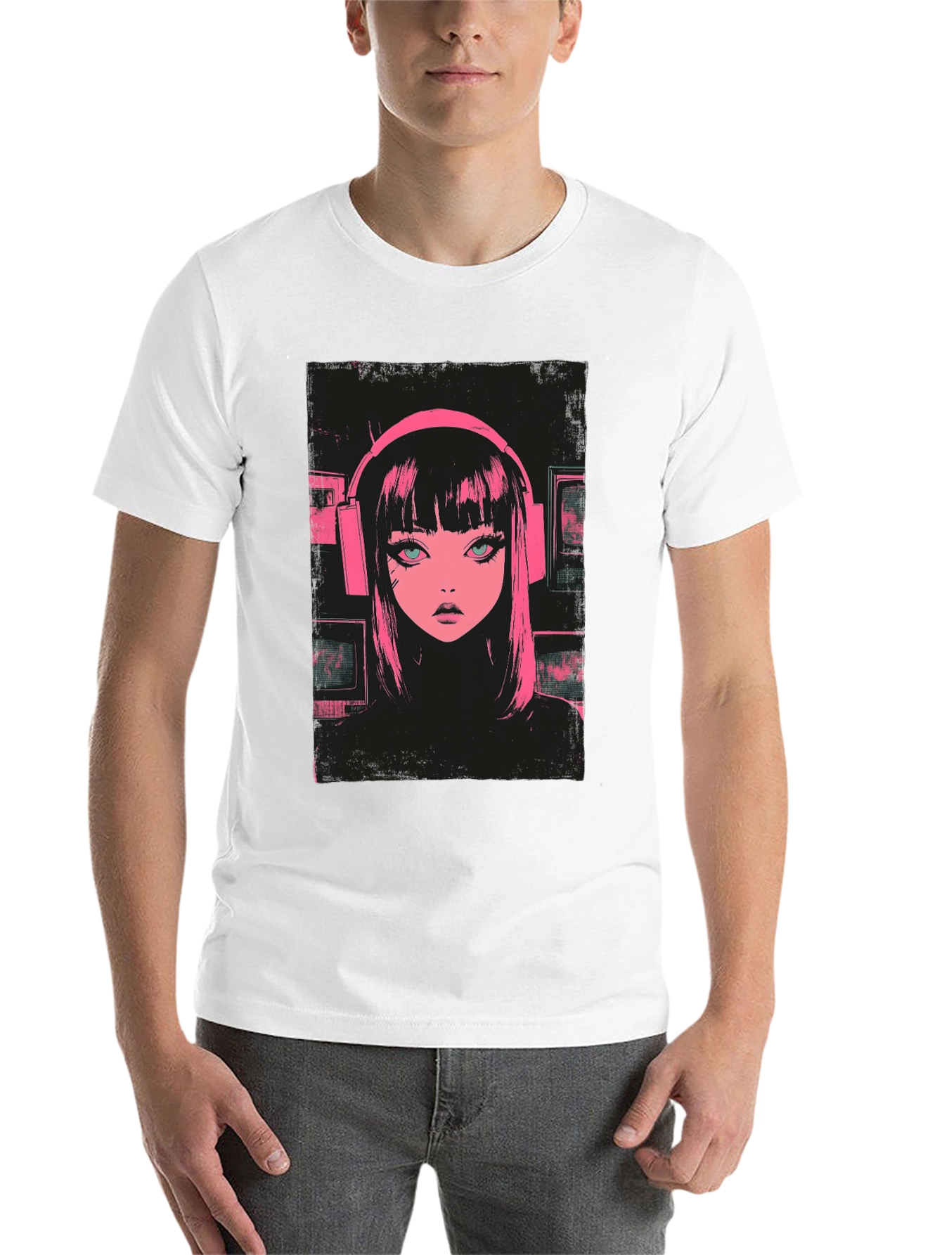 Black Anime Girl Pink Headphones Black T-Shirt view 14