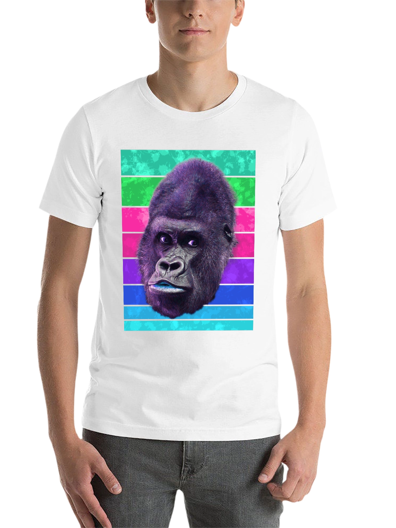 Black Gorilla Head T-Shirt - Retro Stripes, Unique Design view 14