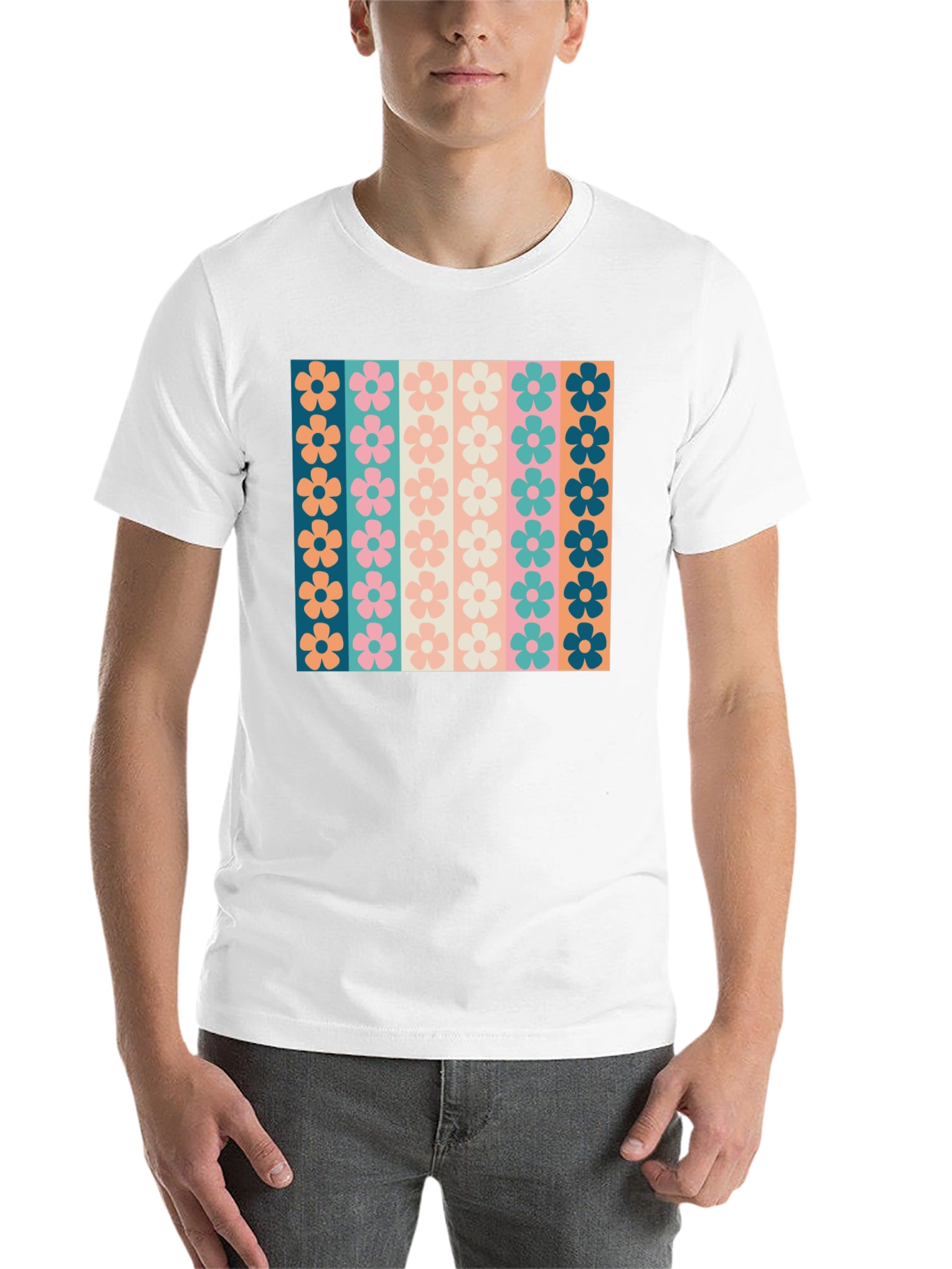 Black Retro Floral Stripe T-Shirt - Black Crew Neck Tee view 14