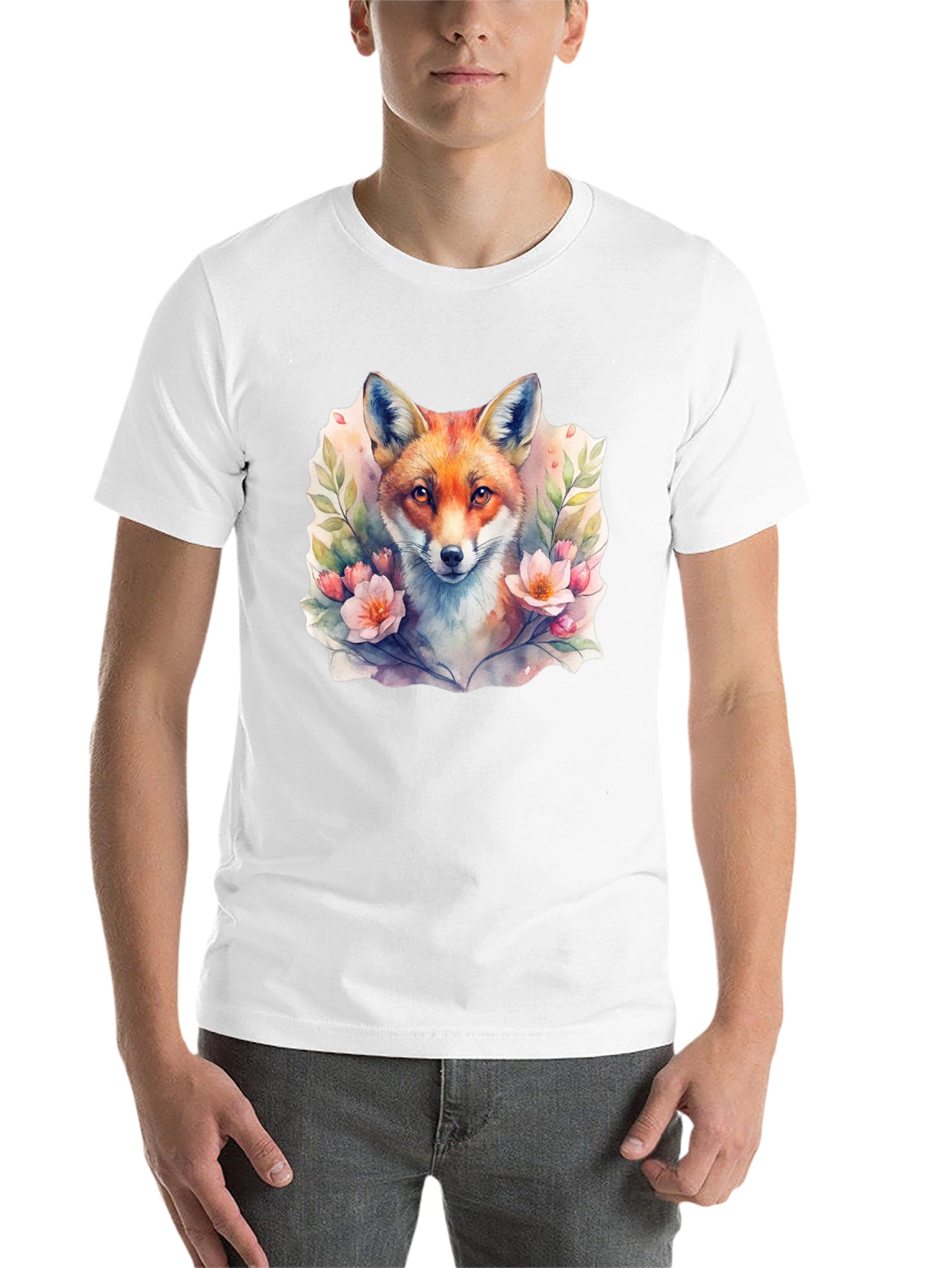 Black Fox Floral Watercolor Graphic Tee - Unisex Black T-Shirt view 14