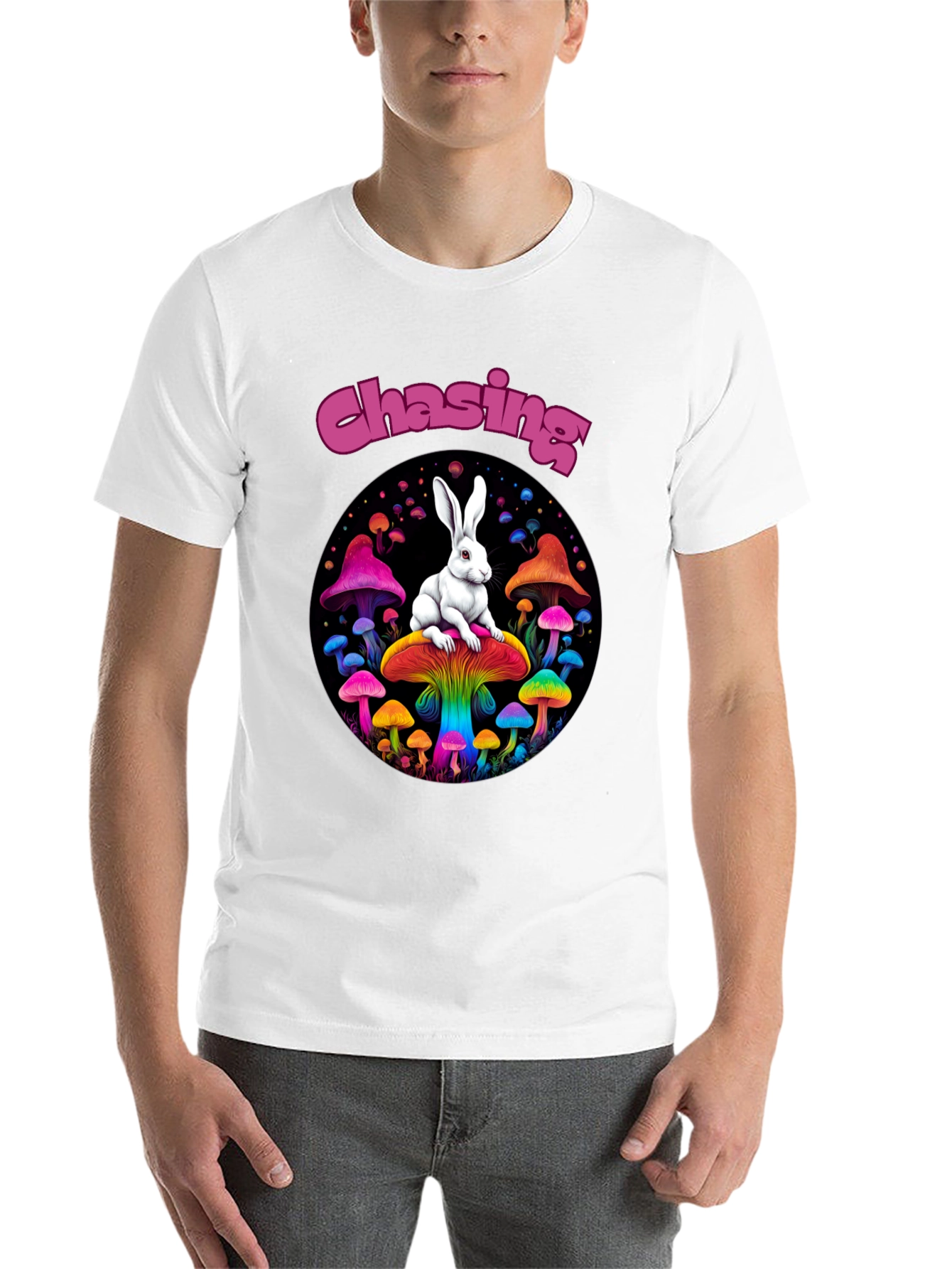 Black Chasing Rabbit Mushroom Graphic Tee view 14