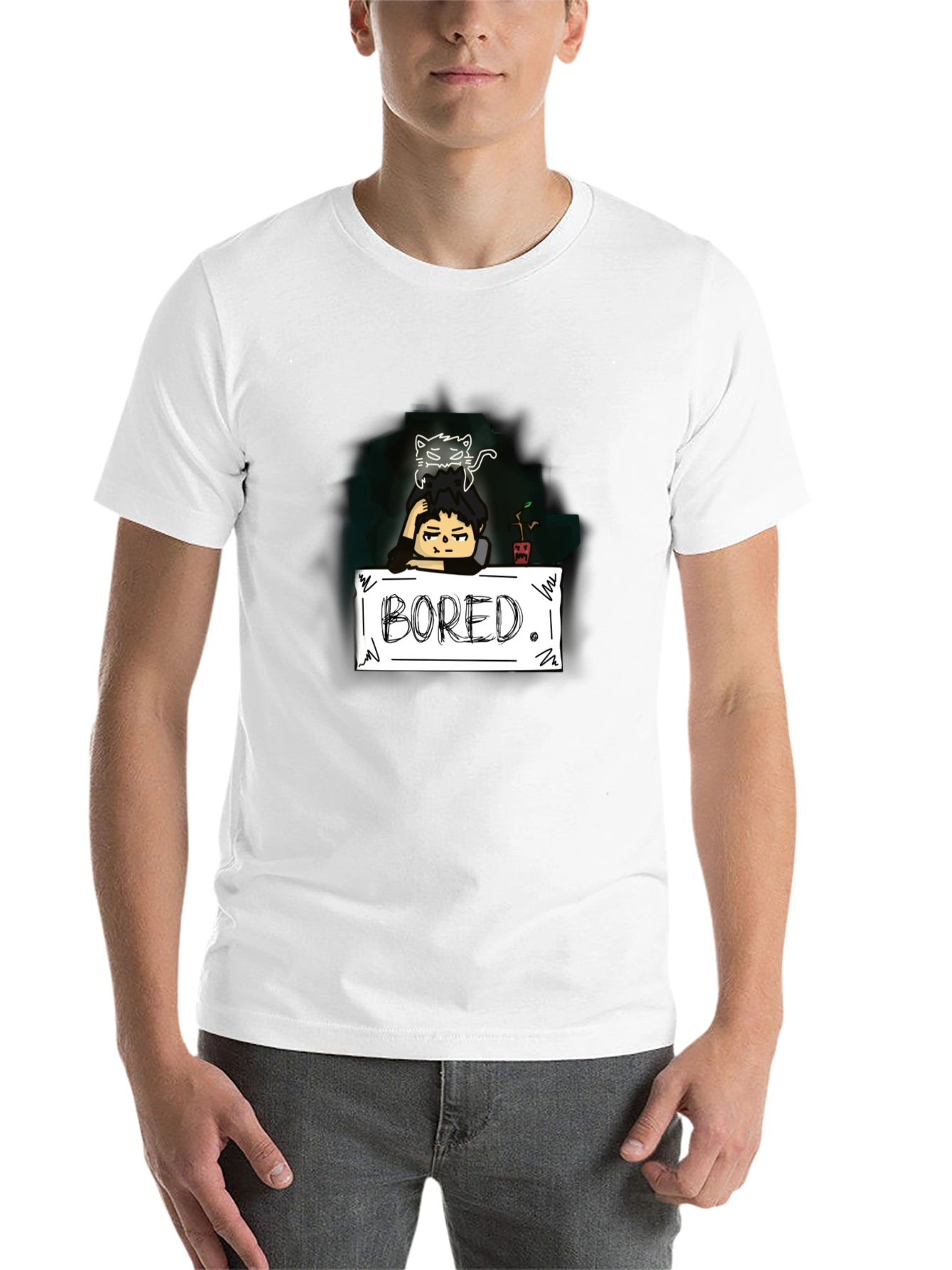 Black Bored Cat Graphic Tee - Black Cotton T-Shirt view 14
