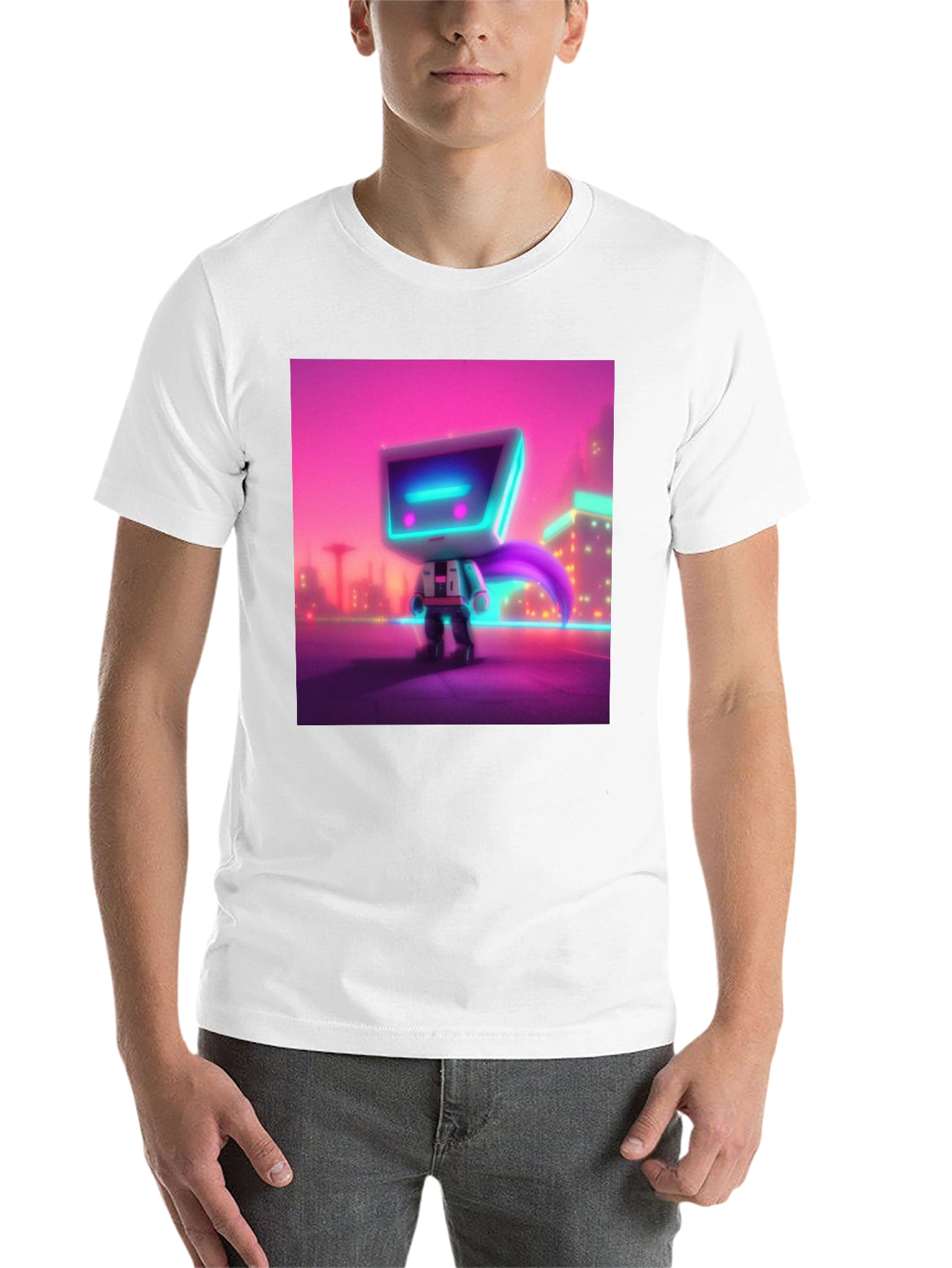 Black Cyberpunk Robot T-Shirt - Neon City Hero view 14