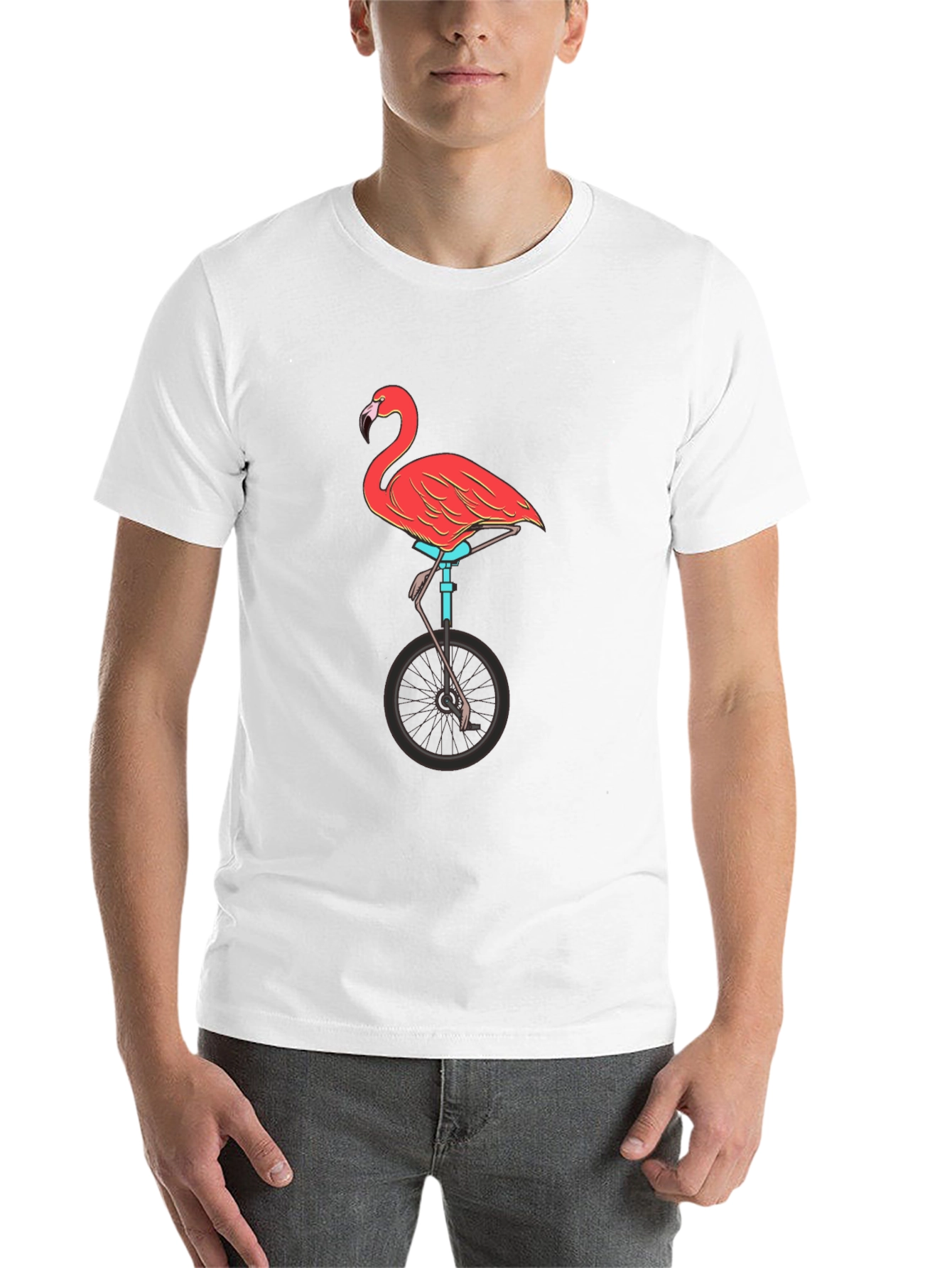 Black Flamingo on Unicycle Graphic Tee - Funky Unisex T-Shirt view 14