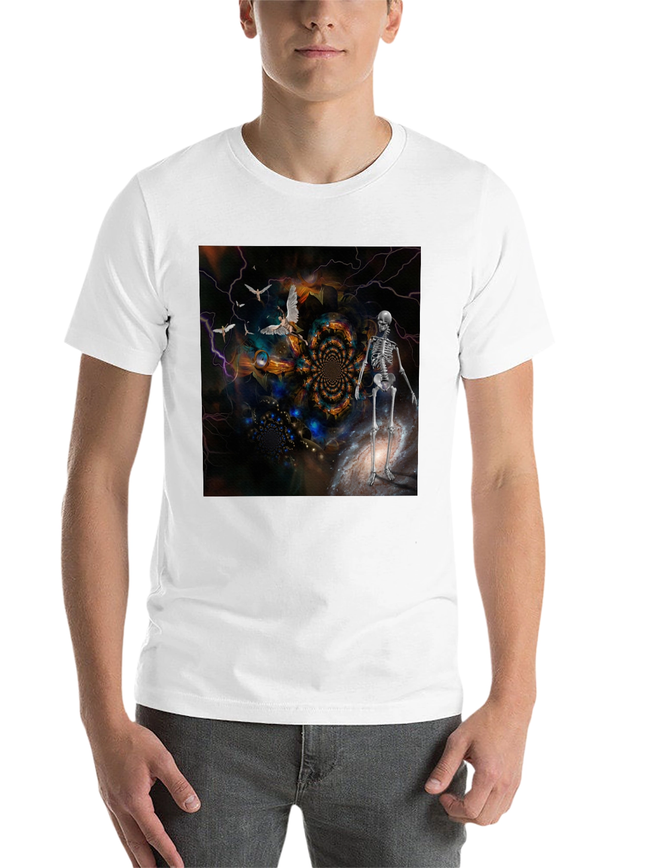 Black Surreal Skeleton Art T-Shirt view 14