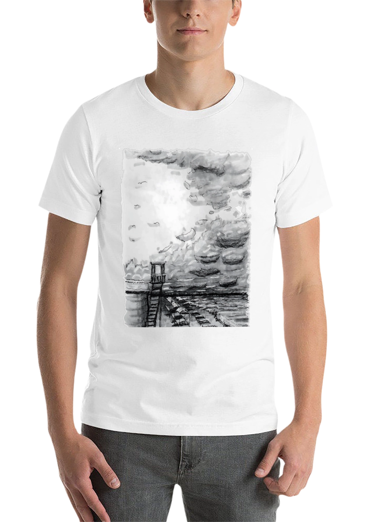 Black Monochrome Coastal Tower Graphic T-Shirt view 14
