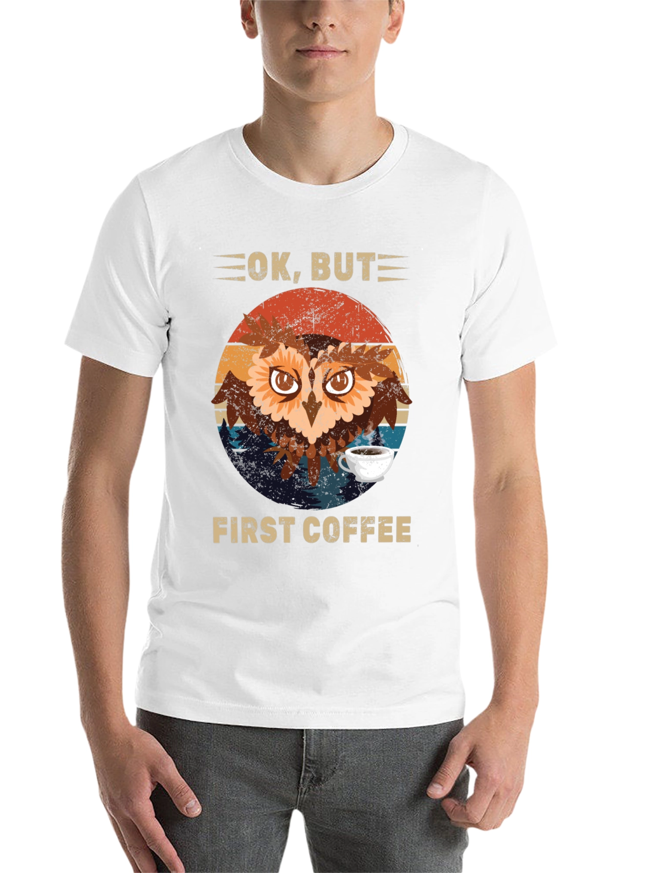 Black Ok, But First Coffee Owl T-Shirt view 14