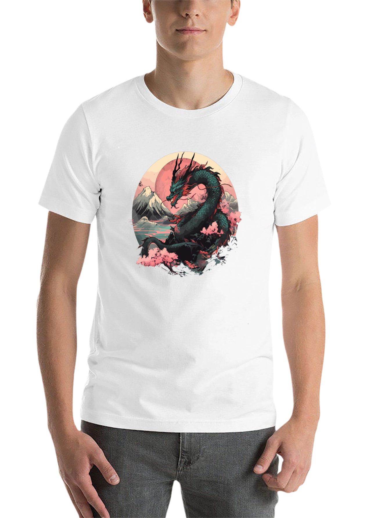 Black Dragon & Sakura Blossom Graphic Black T-Shirt view 14