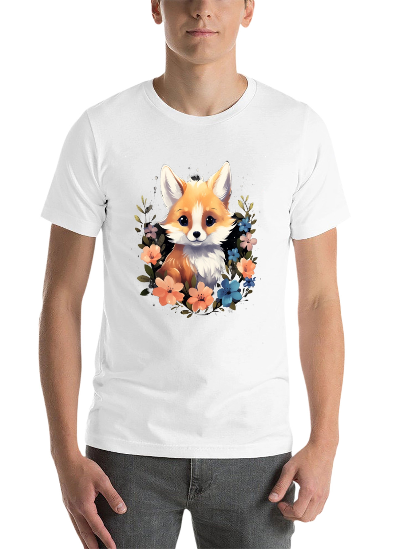 Black Cute Fox Floral Black T-Shirt view 14