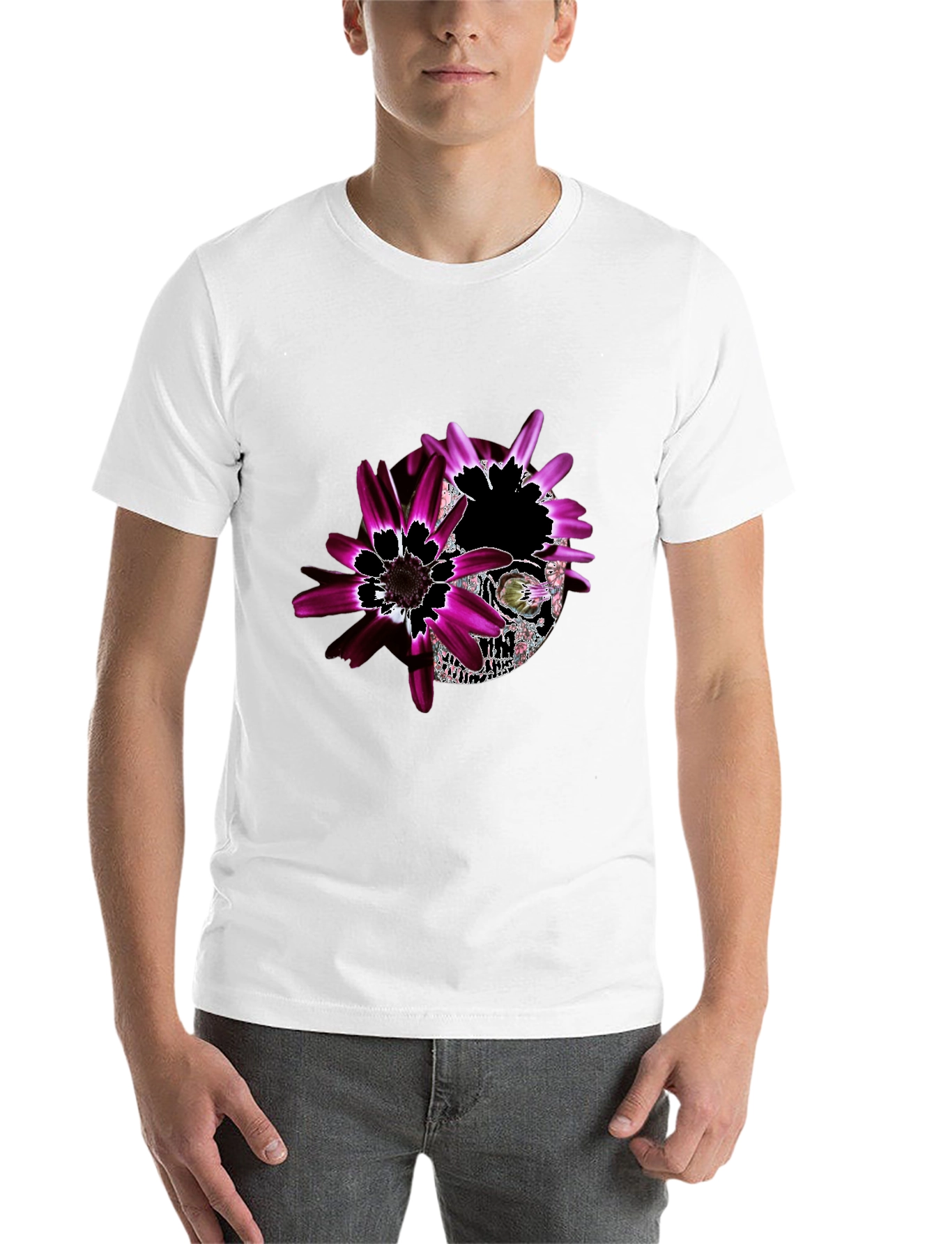 Black Floral Skull Graphic Black T-Shirt - Unique Design view 14