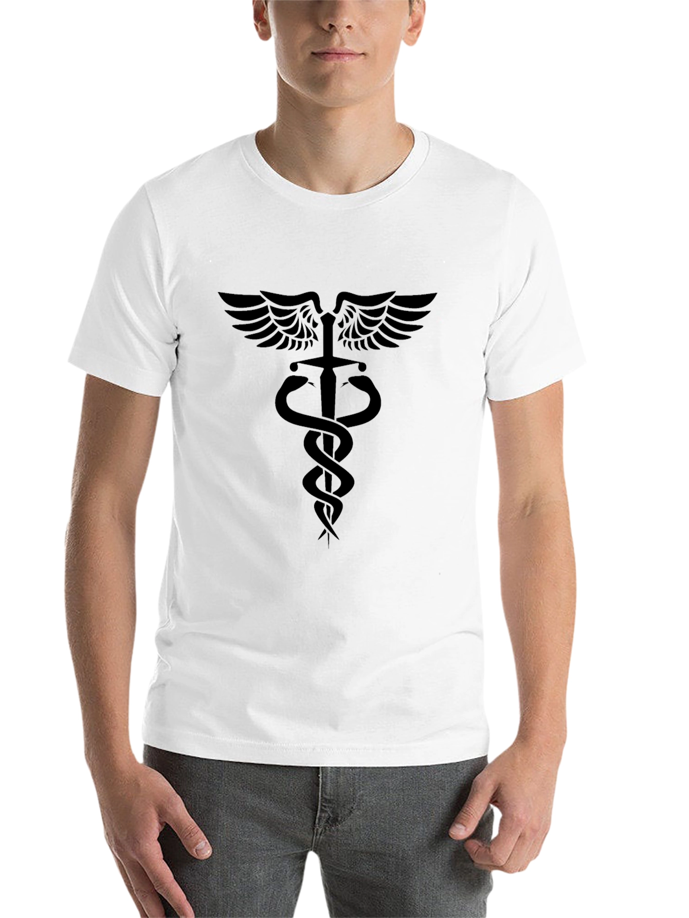 Black Men's Black Caduceus Symbol T-Shirt view 14