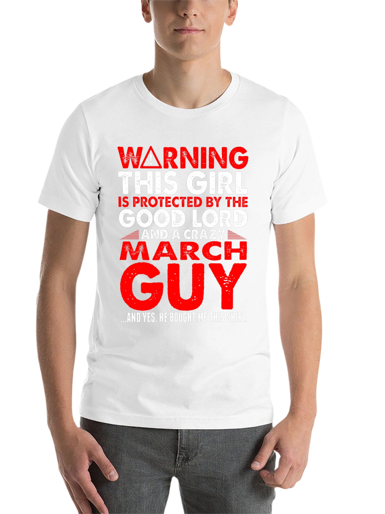 Black Warning Protected by Crazy March Guy T-Shirt view 14