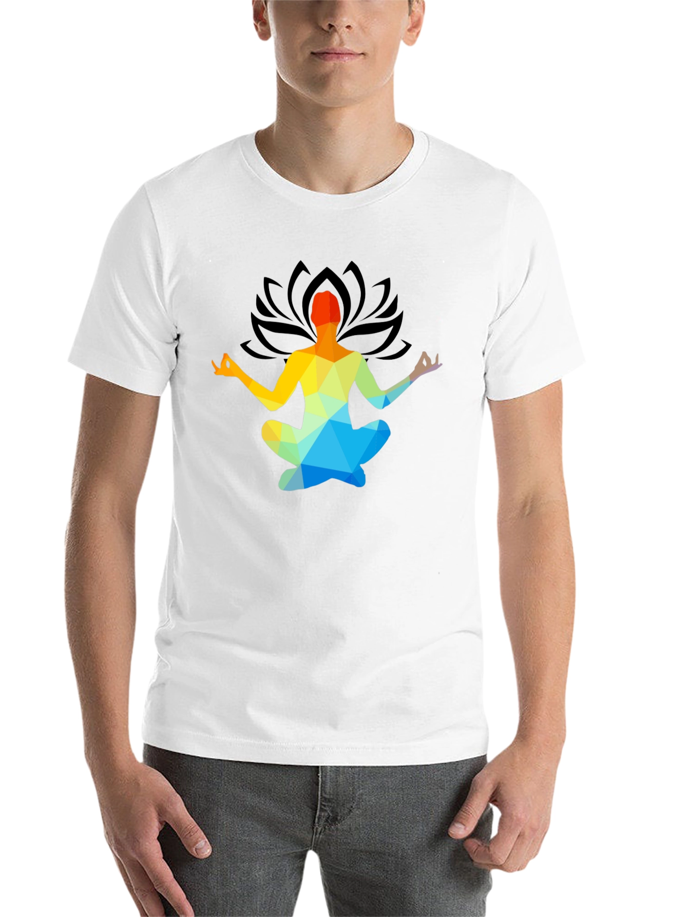 Black Meditative Geometric Lotus Pose T-Shirt view 14