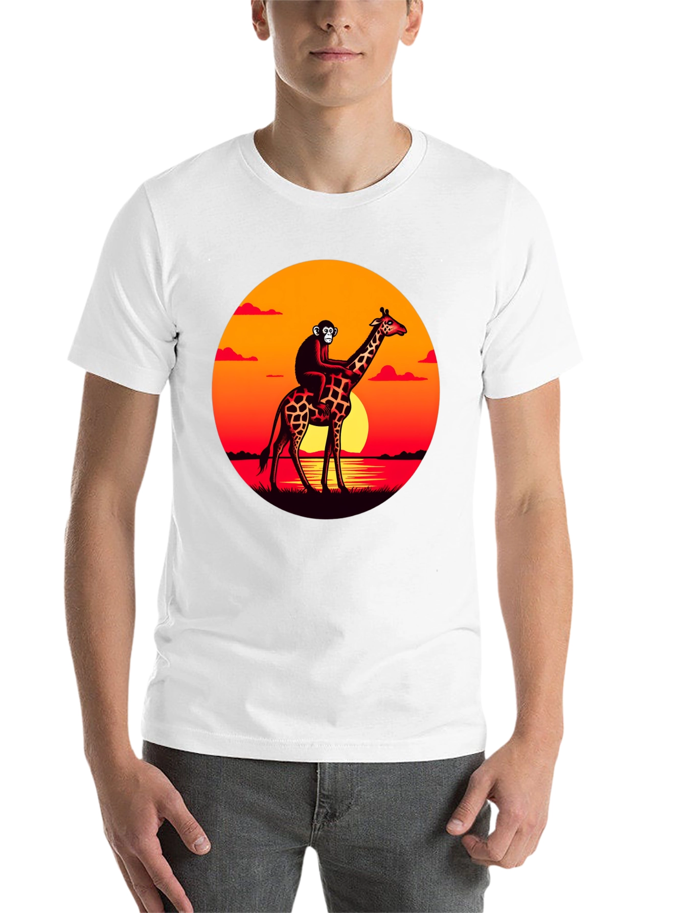 Black Monkey Riding Giraffe Sunset Graphic Tee view 14