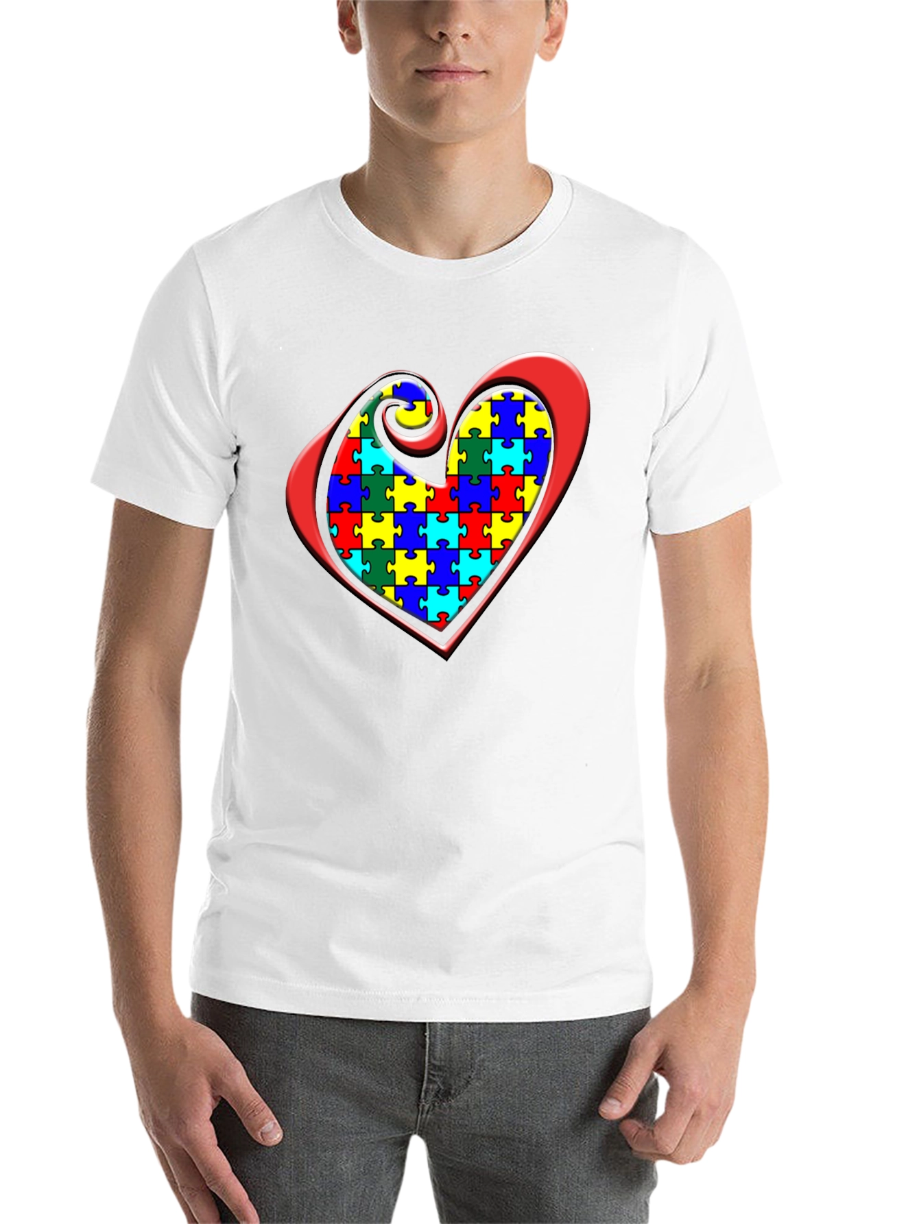 Black Autism Awareness Puzzle Heart Graphic Tee view 14