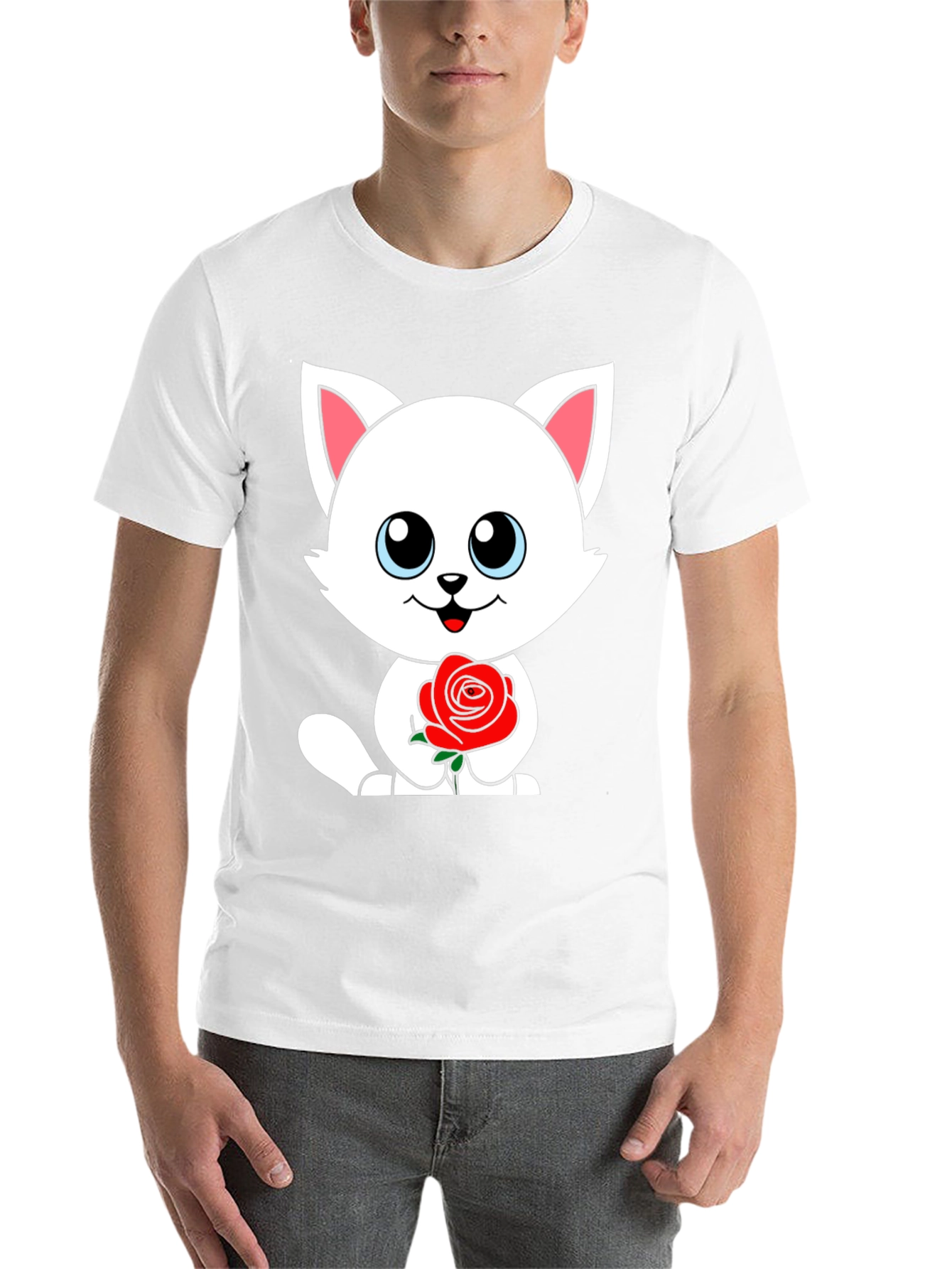 Black Cute Cat Rose Graphic Black T-Shirt view 14