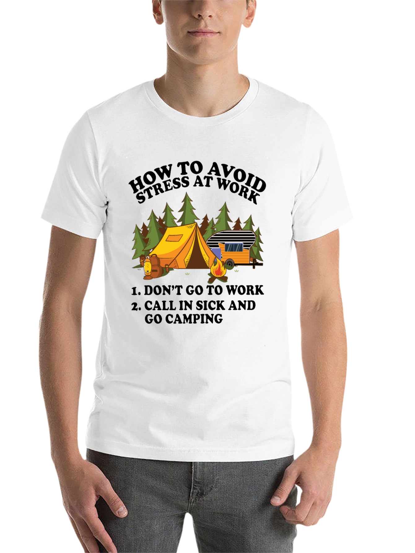 Black Avoid Stress Camping T-Shirt - Funny Vacation Tee view 14
