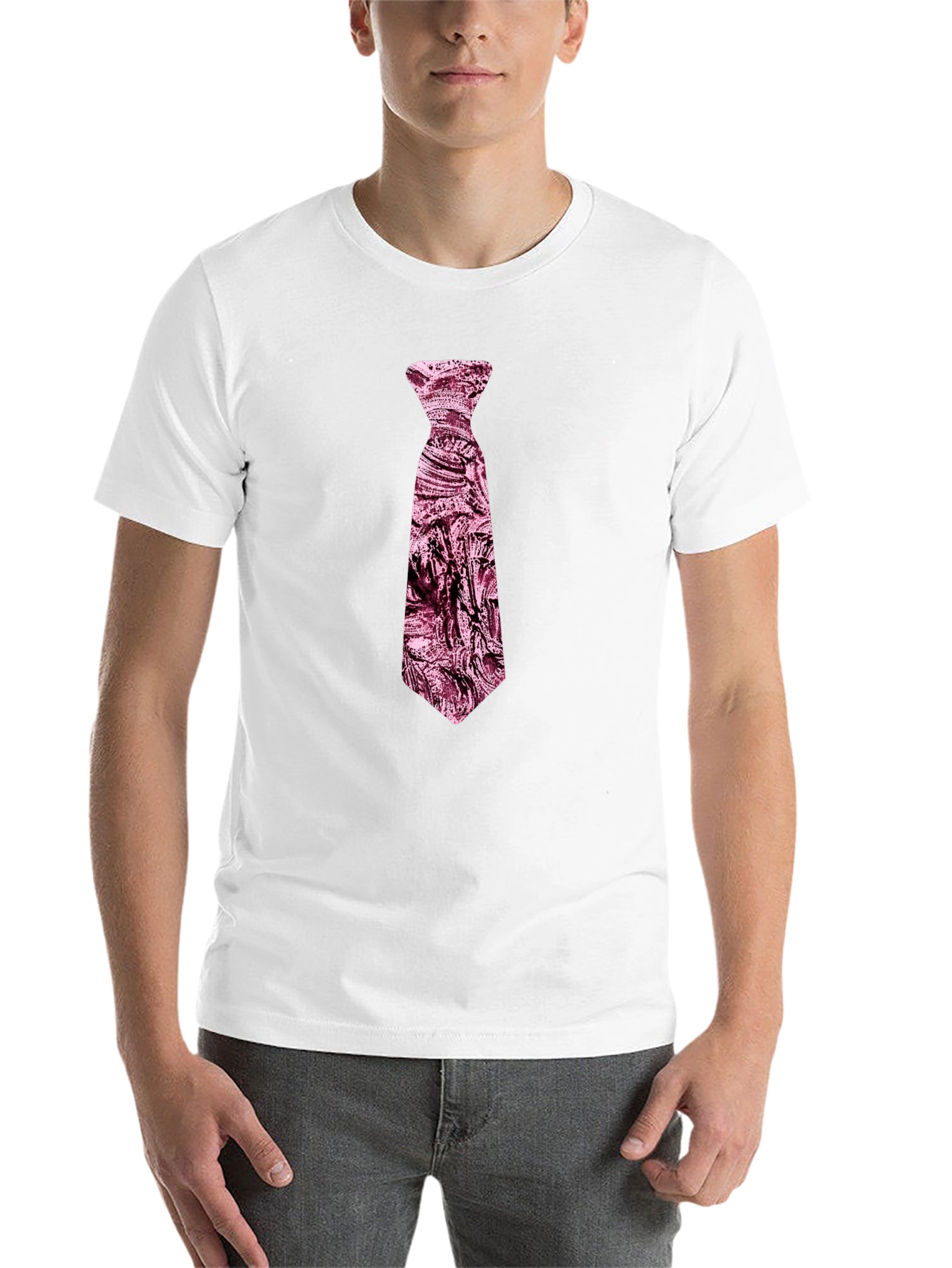 Black Men's Black T-Shirt with Novelty Pink Tie Design view 14