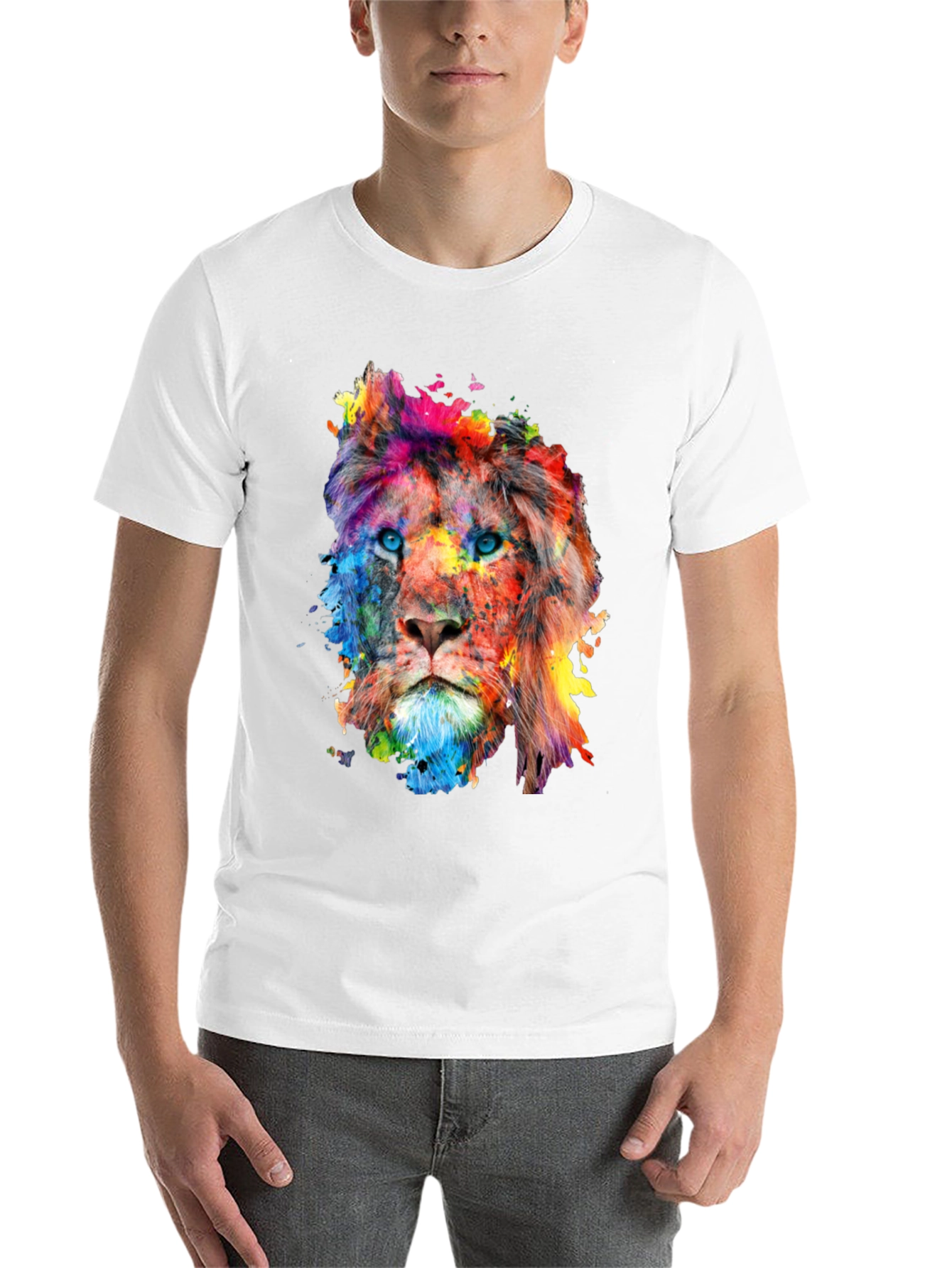 Black Colorful Lion Graphic Print Men's Black T-Shirt view 14