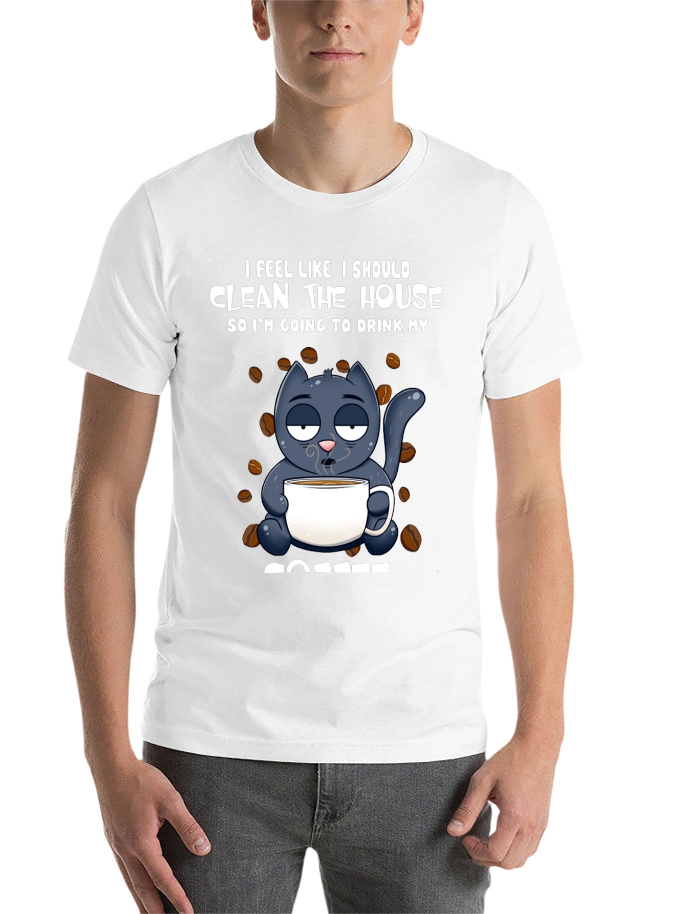 Black Humorous Cat & Coffee Graphic T-Shirt view 14