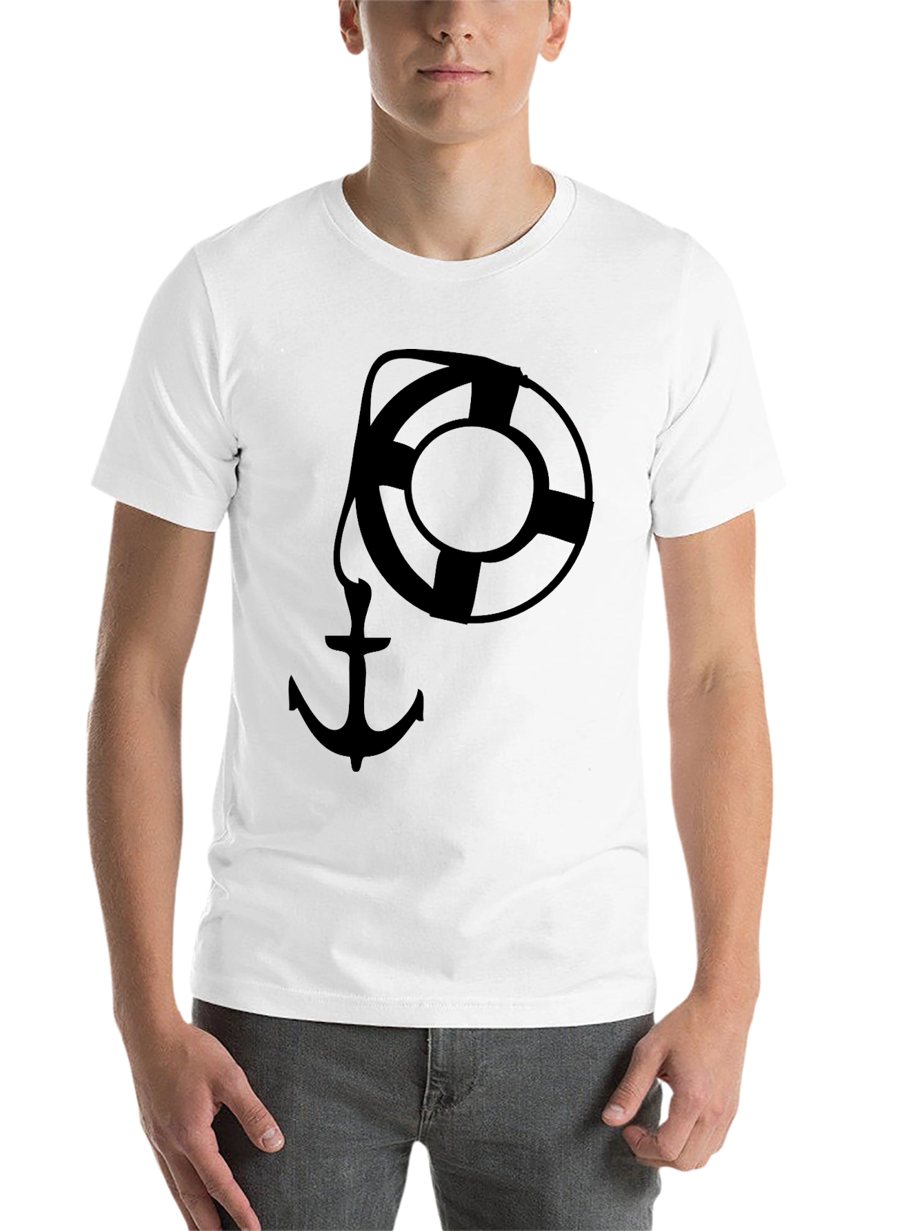 Nautical Anchor & Life Preserver Graphic Tee - Black - 14