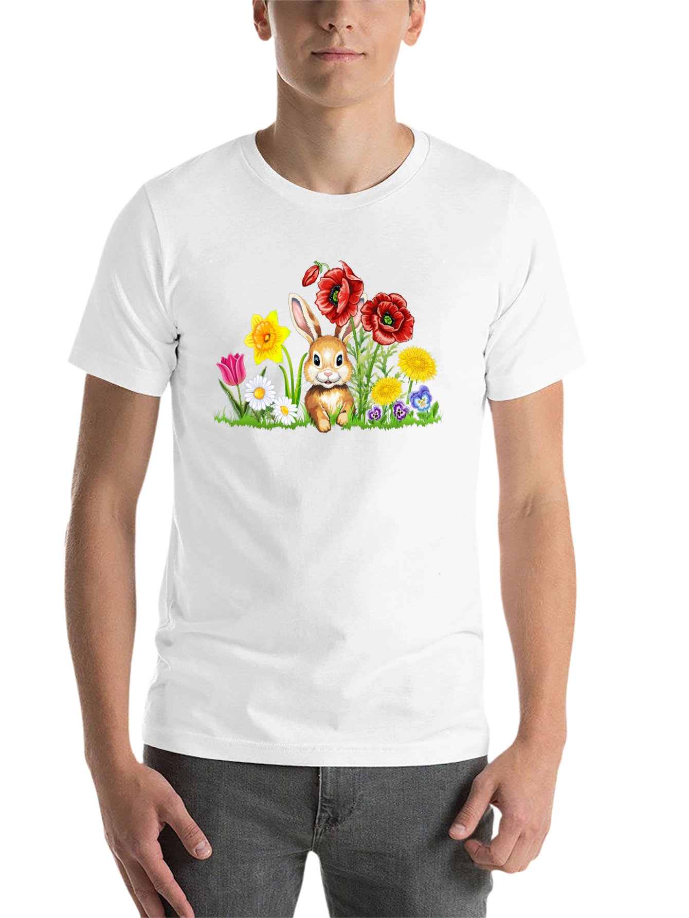 Black Cute Bunny in Flower Patch Black T-Shirt view 14