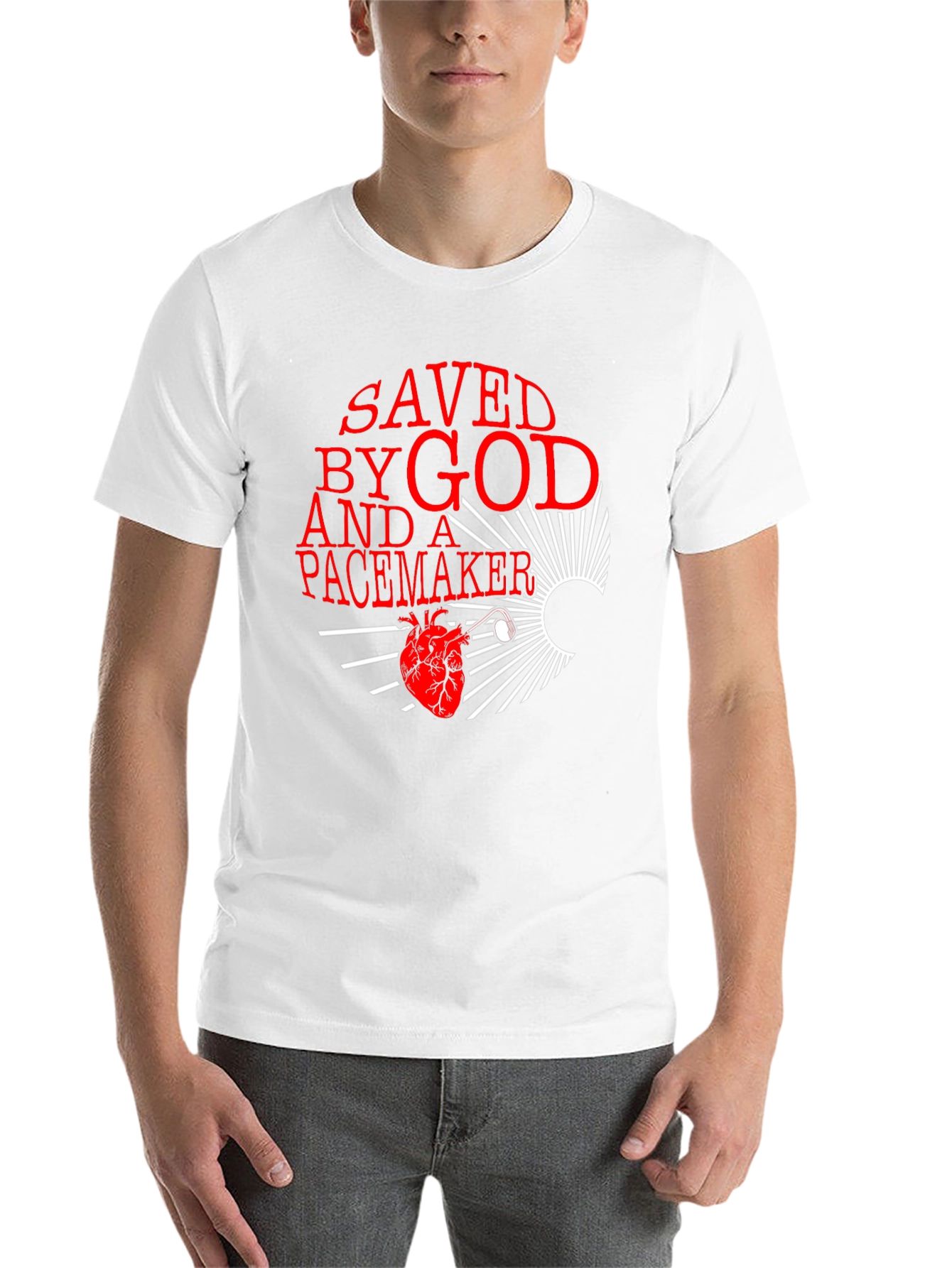 Black Saved By God and a Pacemaker Graphic T-Shirt view 14