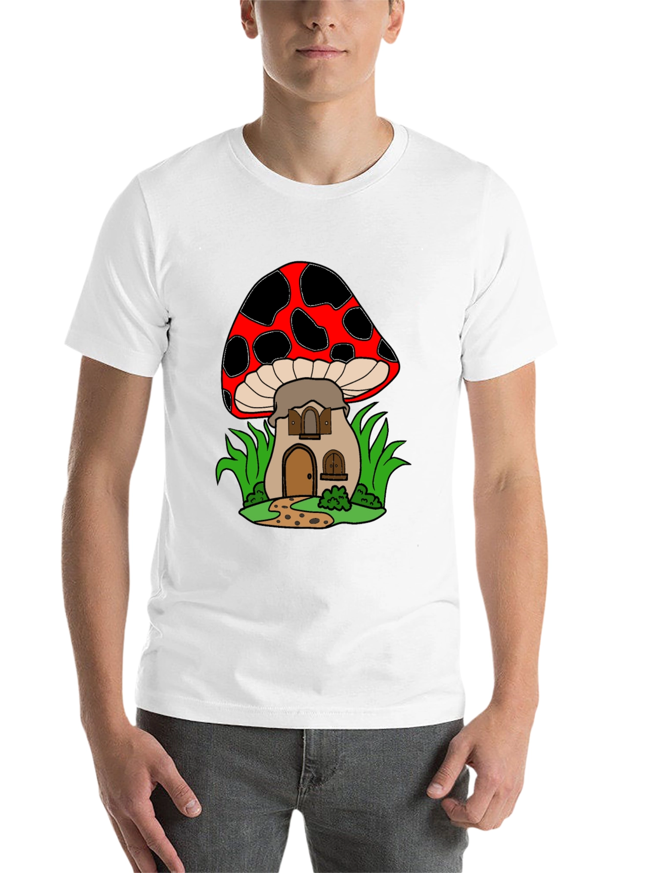 Black Mushroom House Graphic Tee - Quirky Black T-Shirt view 14