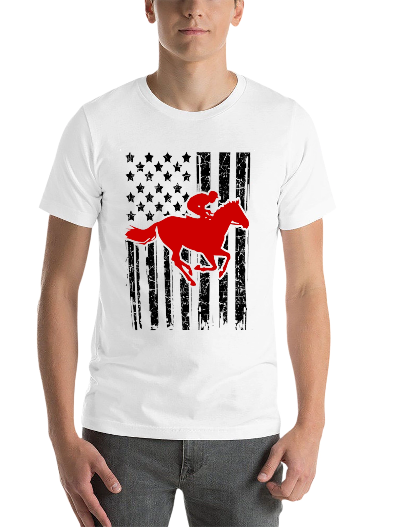 Black American Flag Horse Racing T-Shirt view 14