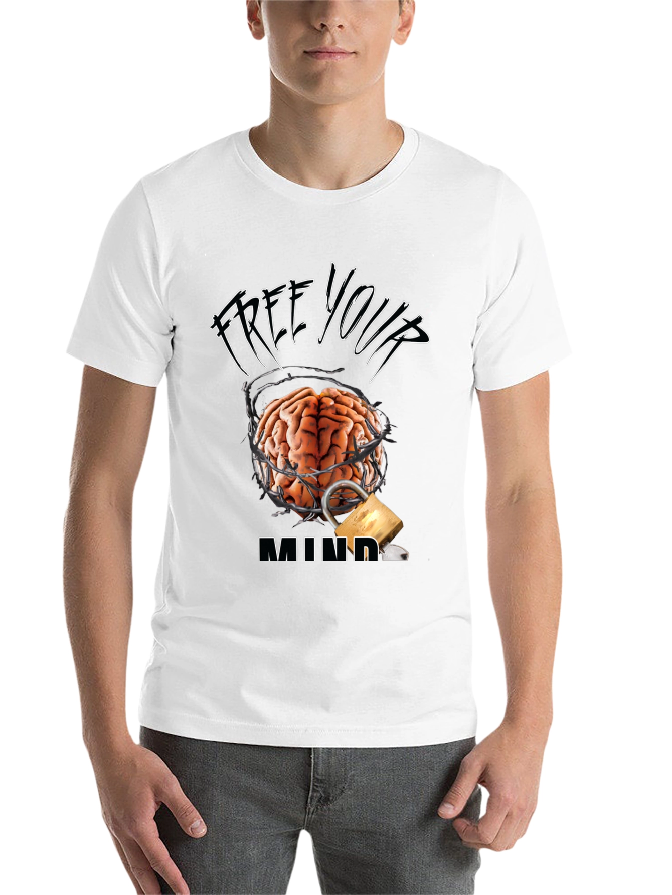 Black Free Your Mind Graphic Tee - Brain & Lock Design view 14